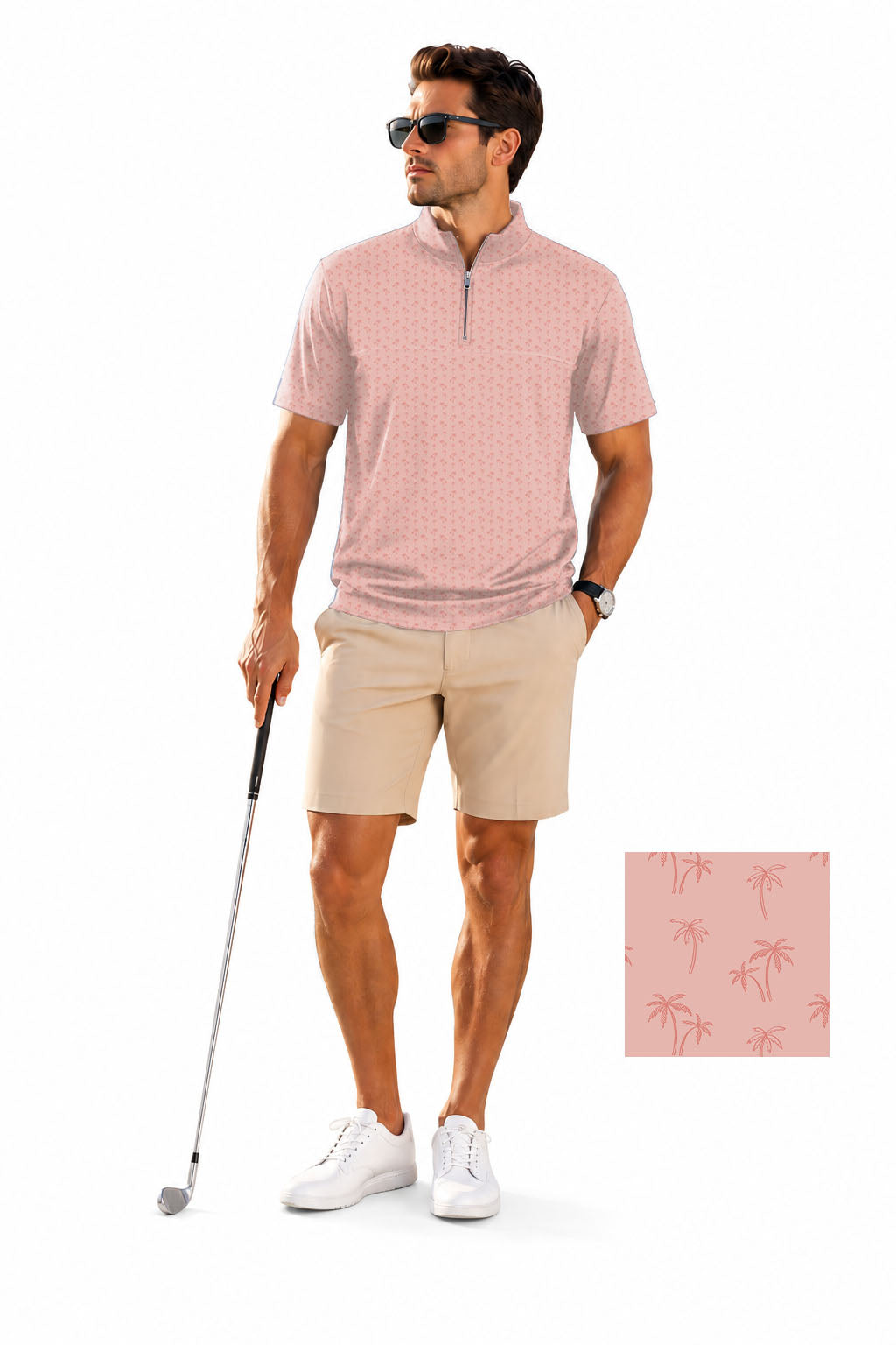 Men's Short Sleeve Quarter Zip Golf Pullover   Pink Coconut Trees Embroidery