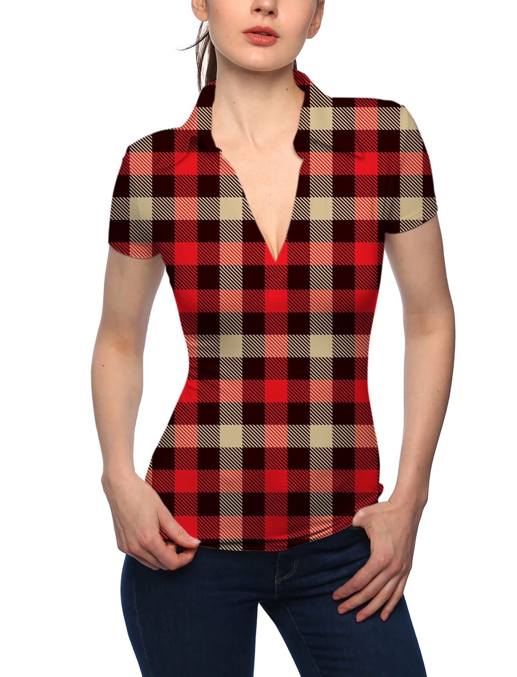 Women's Red grid V Neck Golf Polo