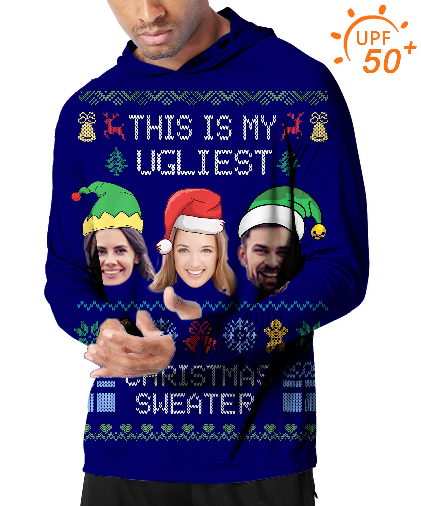 Men's outdoor navy Christmas custom face slim fit golf sun protection hoodie with UPF 50+ breathable fabric and festive print