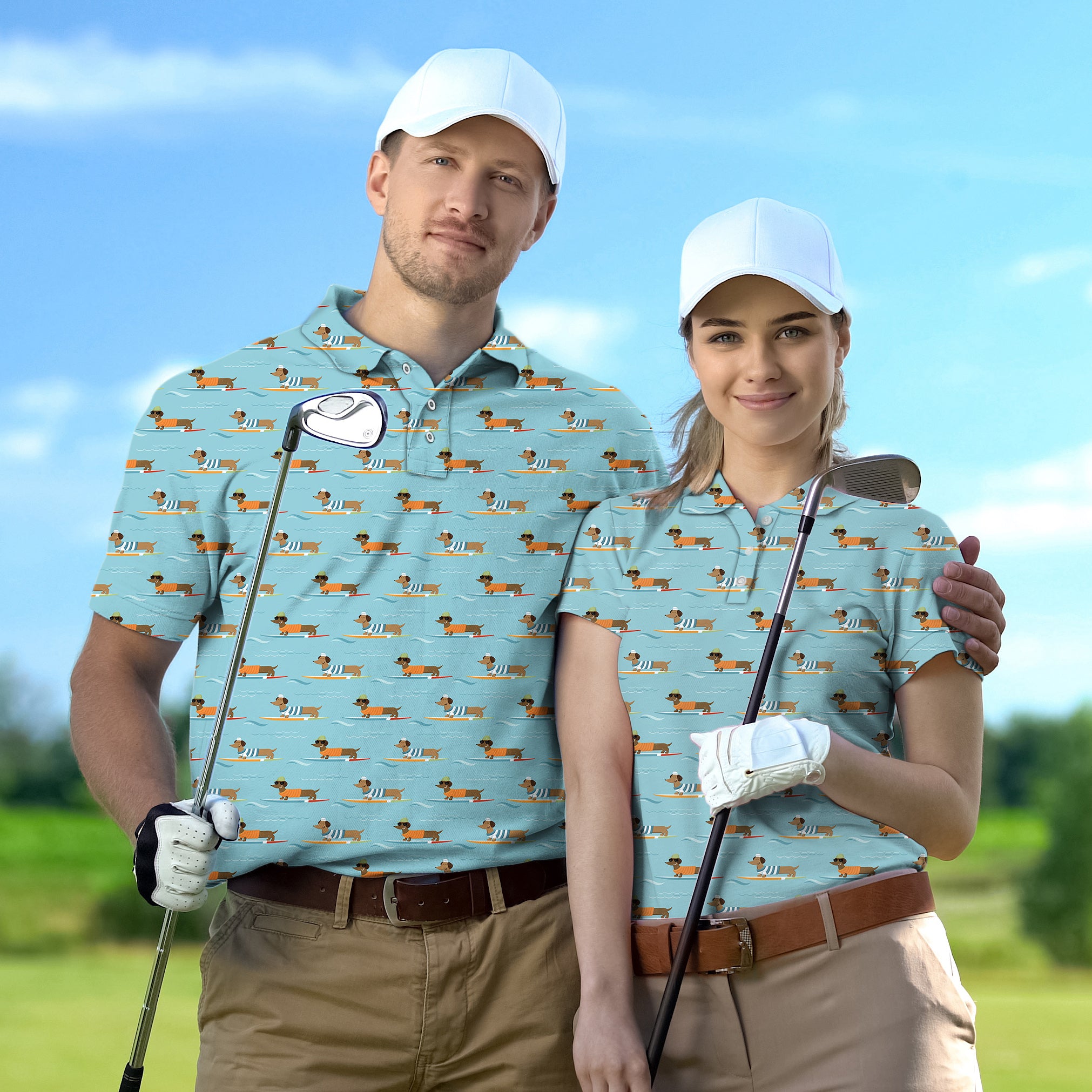 Golf Polo Couple Family set Dachshund Surfing tournament