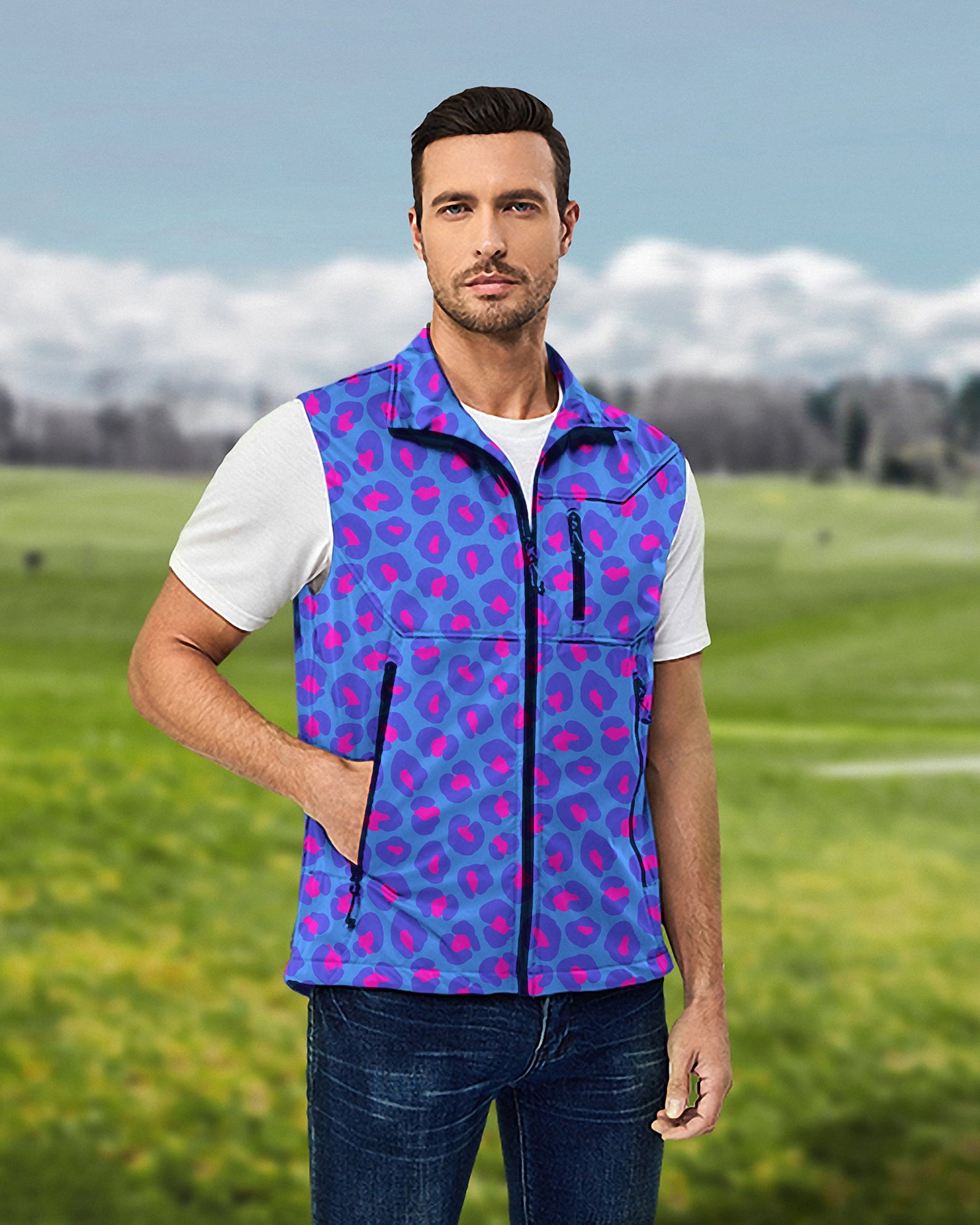 Men's Fluorescent Lightweight Softshell Vest Sleeveless Jacket for Golf Windproof Waterproof