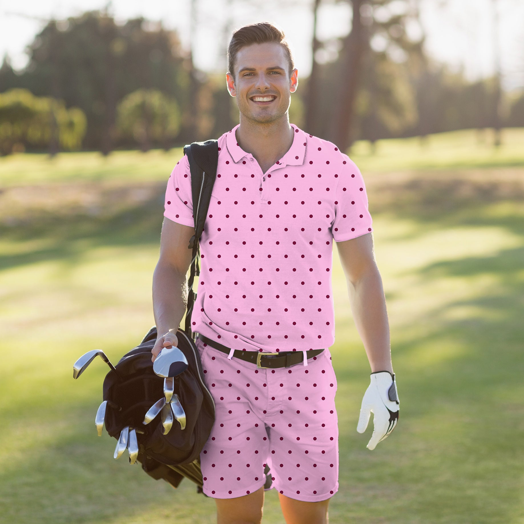 Men's Golf Set Polo+Shorts Pink Polka Dots