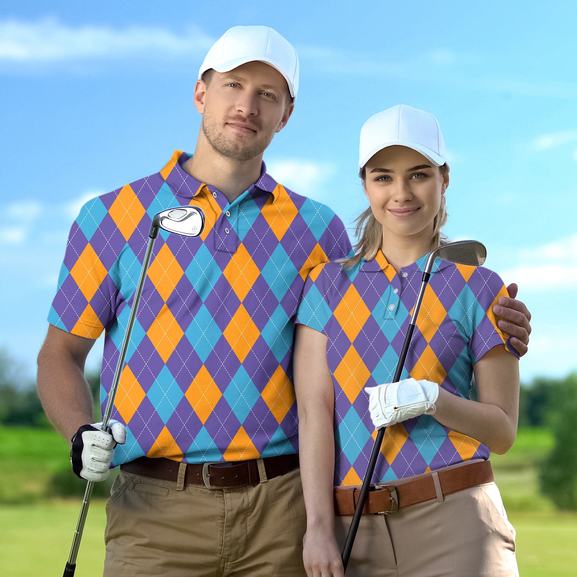 Couple Purple orange blue Argyle set Golf Championship Trophy tournament