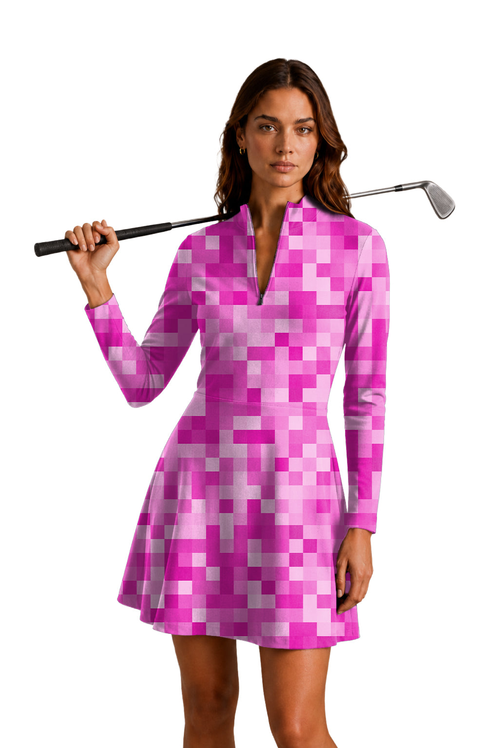 Rose Red Pixel Big Women's Golf Long Sleeve Zipper Dresses Comes with separate matching shorts