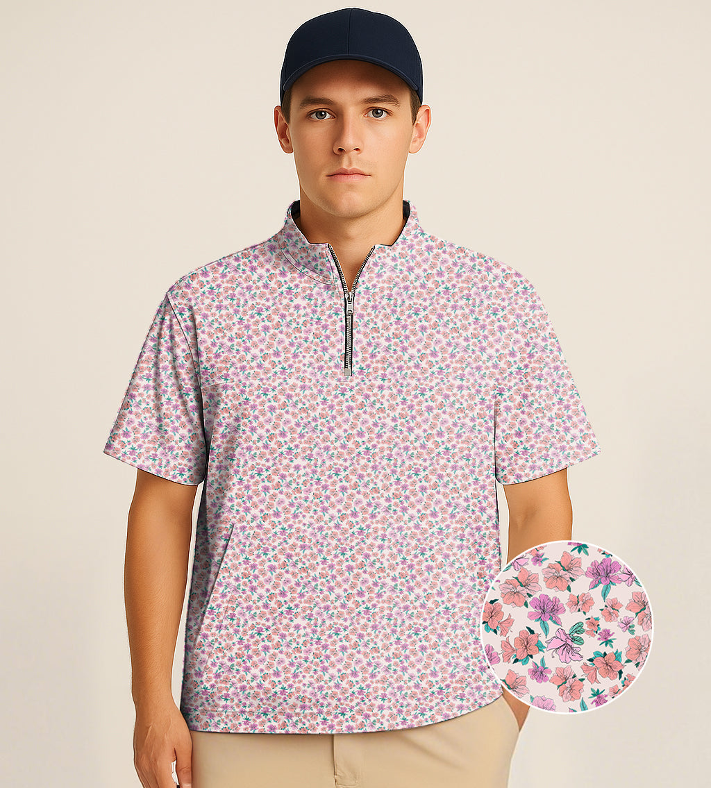 Men's Short Sleeve Quarter Zip Golf Pullover   Flower World Embroidery