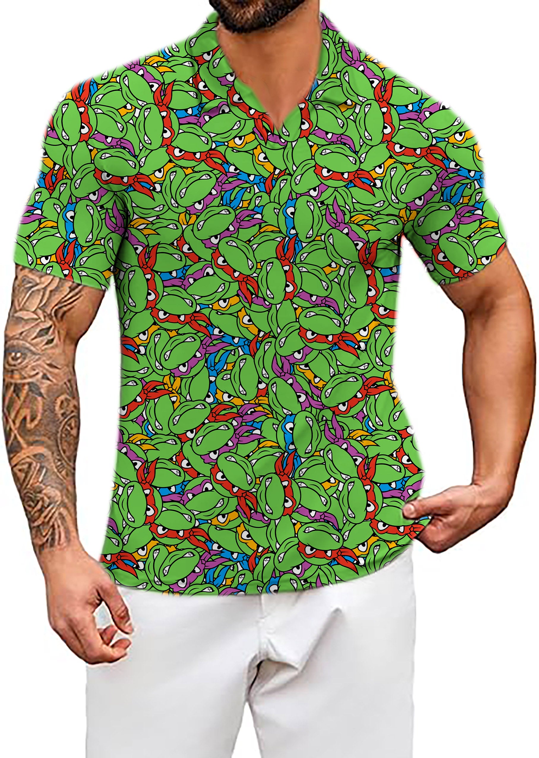 Men's TMNT - Mean Green V Neck Golf Polo Shirts