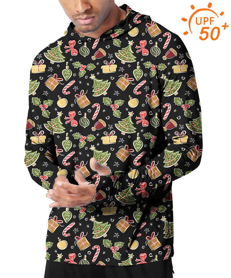 Men's slim fit outdoor hoodie with Merry Christmas print, UPF 50+ sun protection and breathable fabric