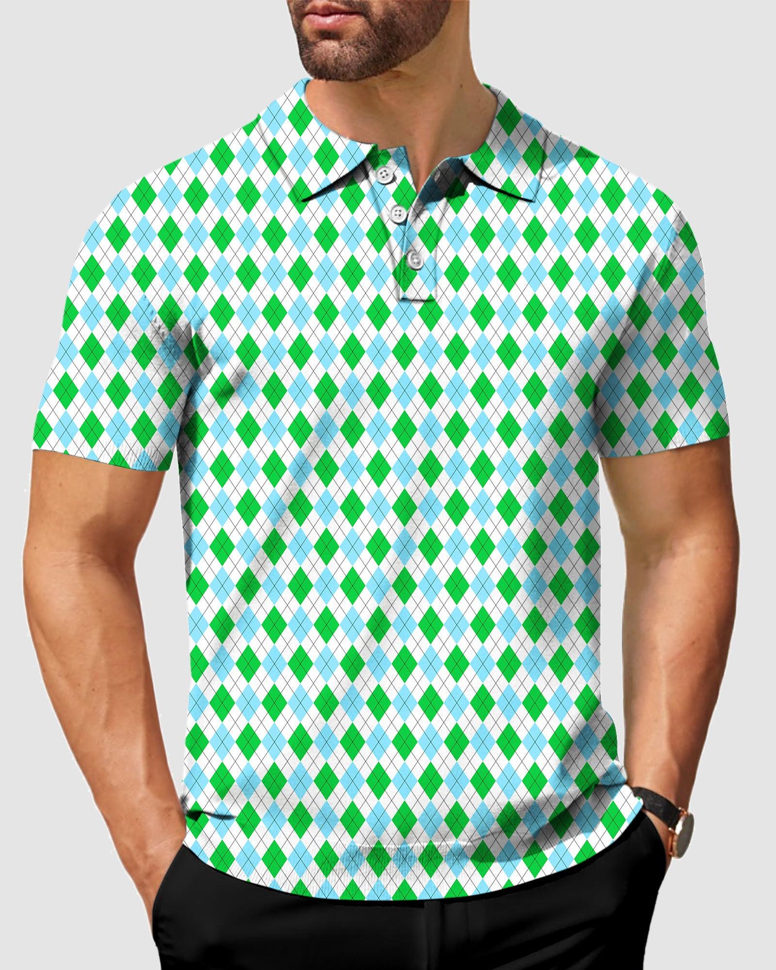 Men's Green diamond grid golf polo