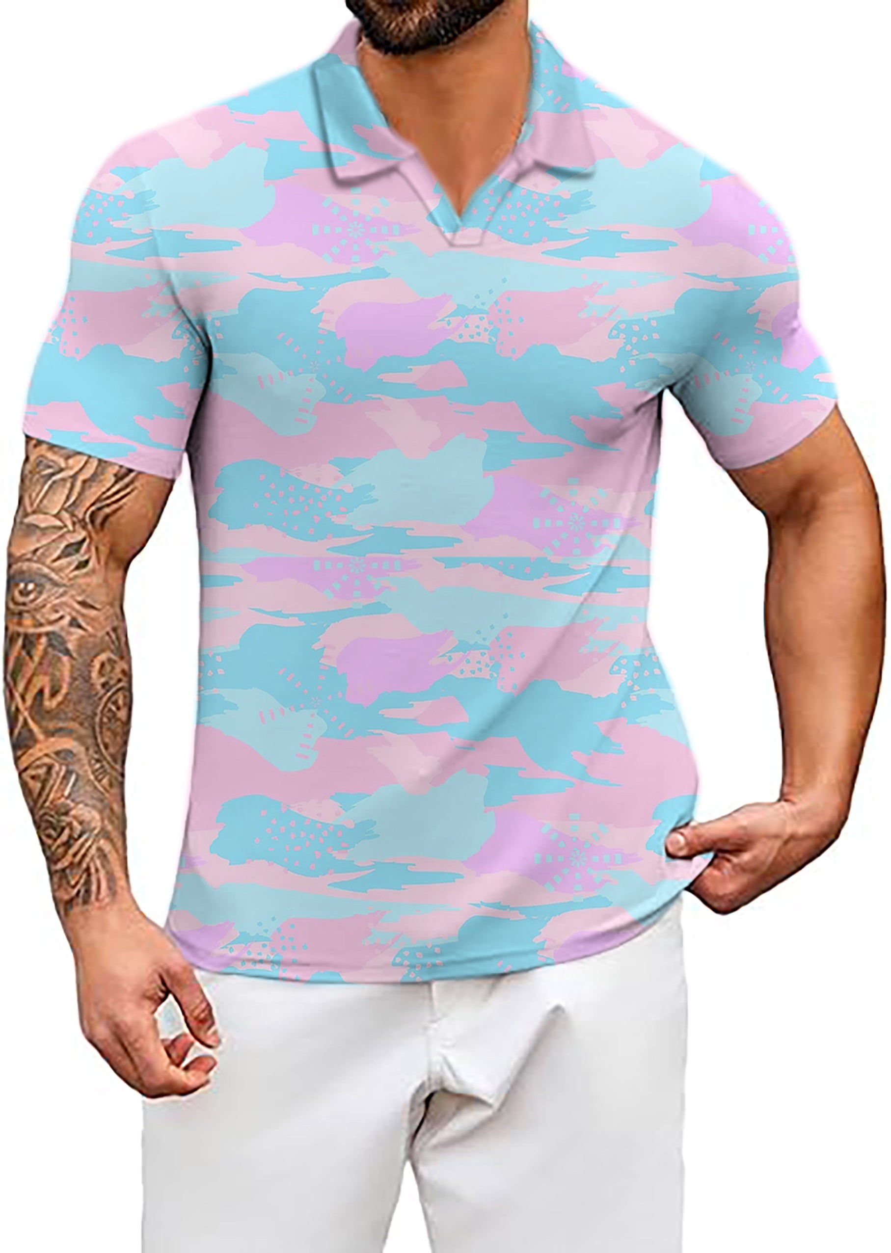 Men's Pastel Camo V Neck Golf Polo Shirts