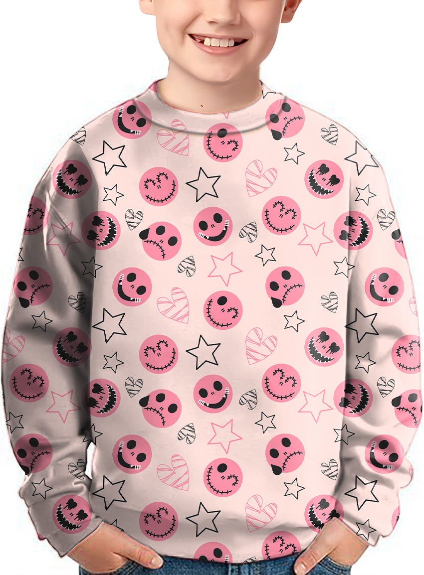 Halloween pink smiley face Crewneck Pullover Kids Ugly Sweater