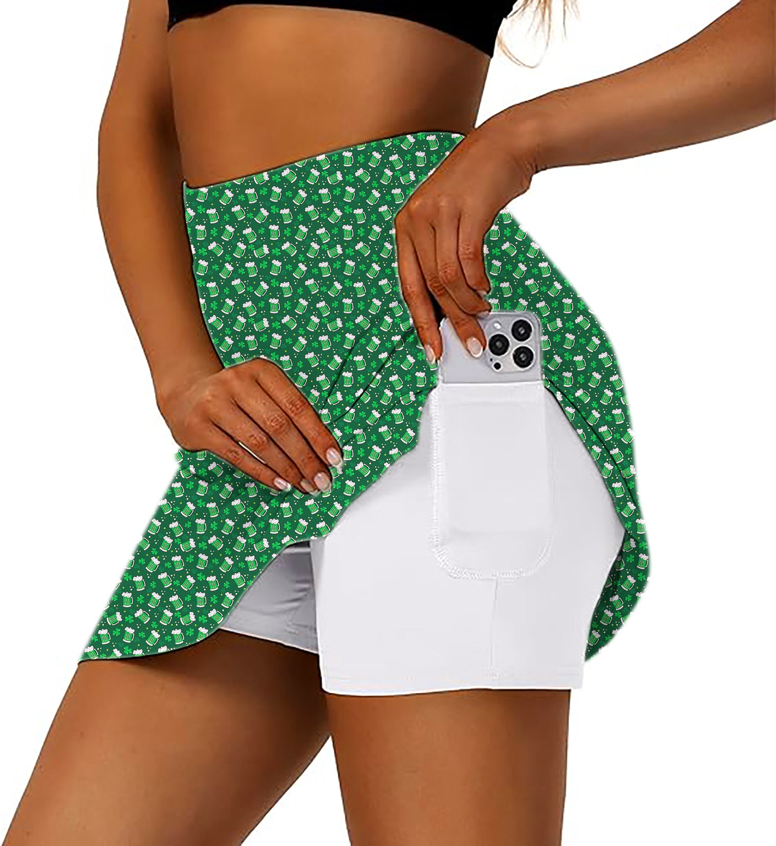 Women's Green beer clover leaf St. Patrick's Day Golf Skirts Inner Shorts Pocket