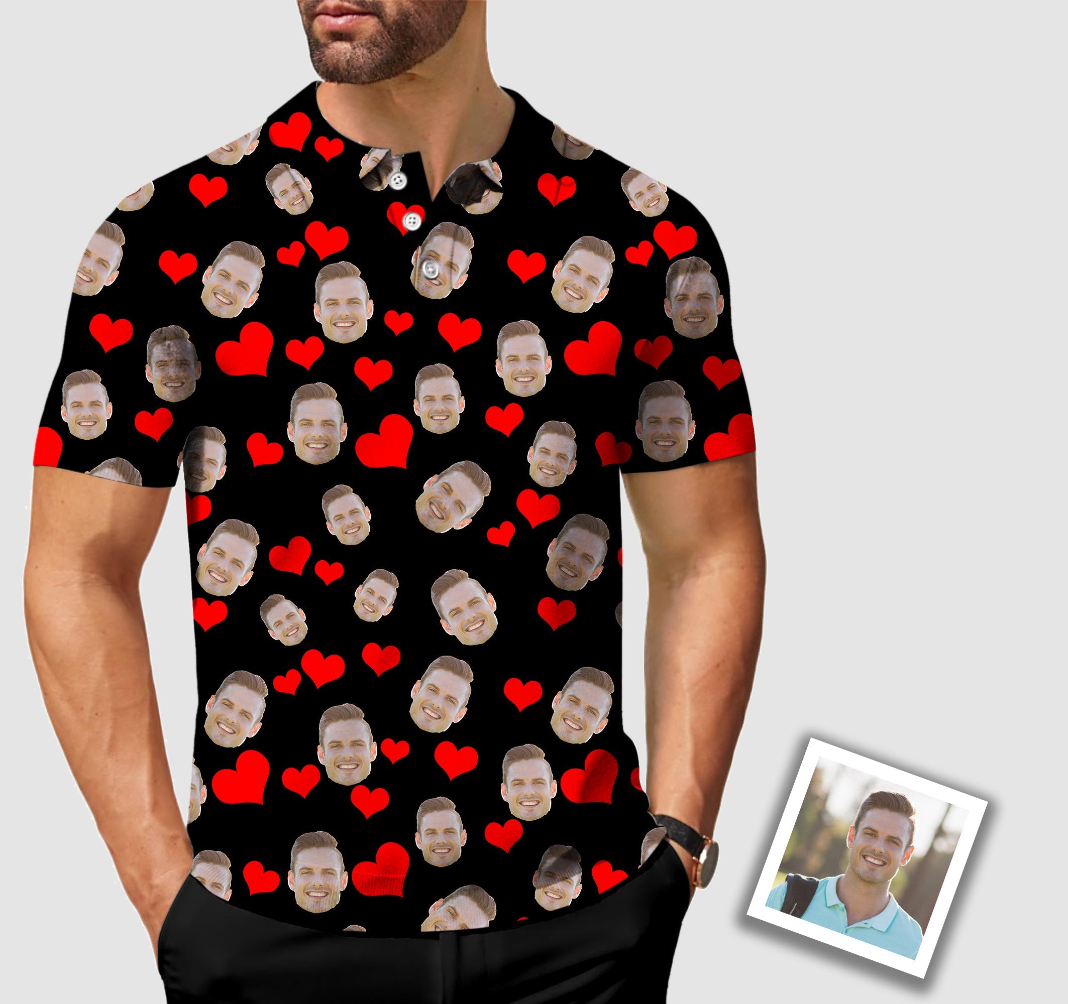 Men's custom red heart photo polo shirt with funny face pattern and classic fit