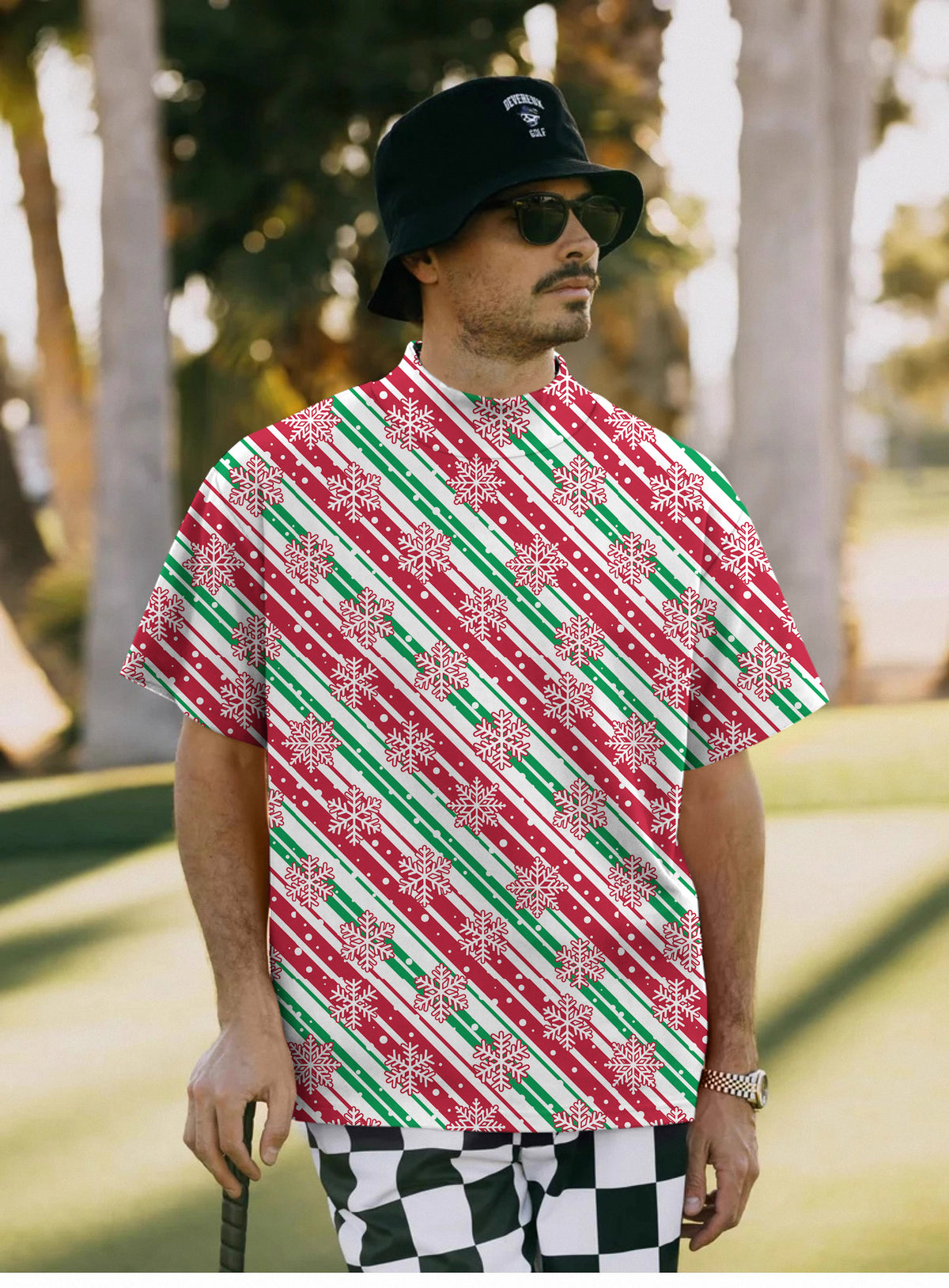 Men's Christmas Snowflake Mock Neck Long/Short Sleeve Golf Tops
