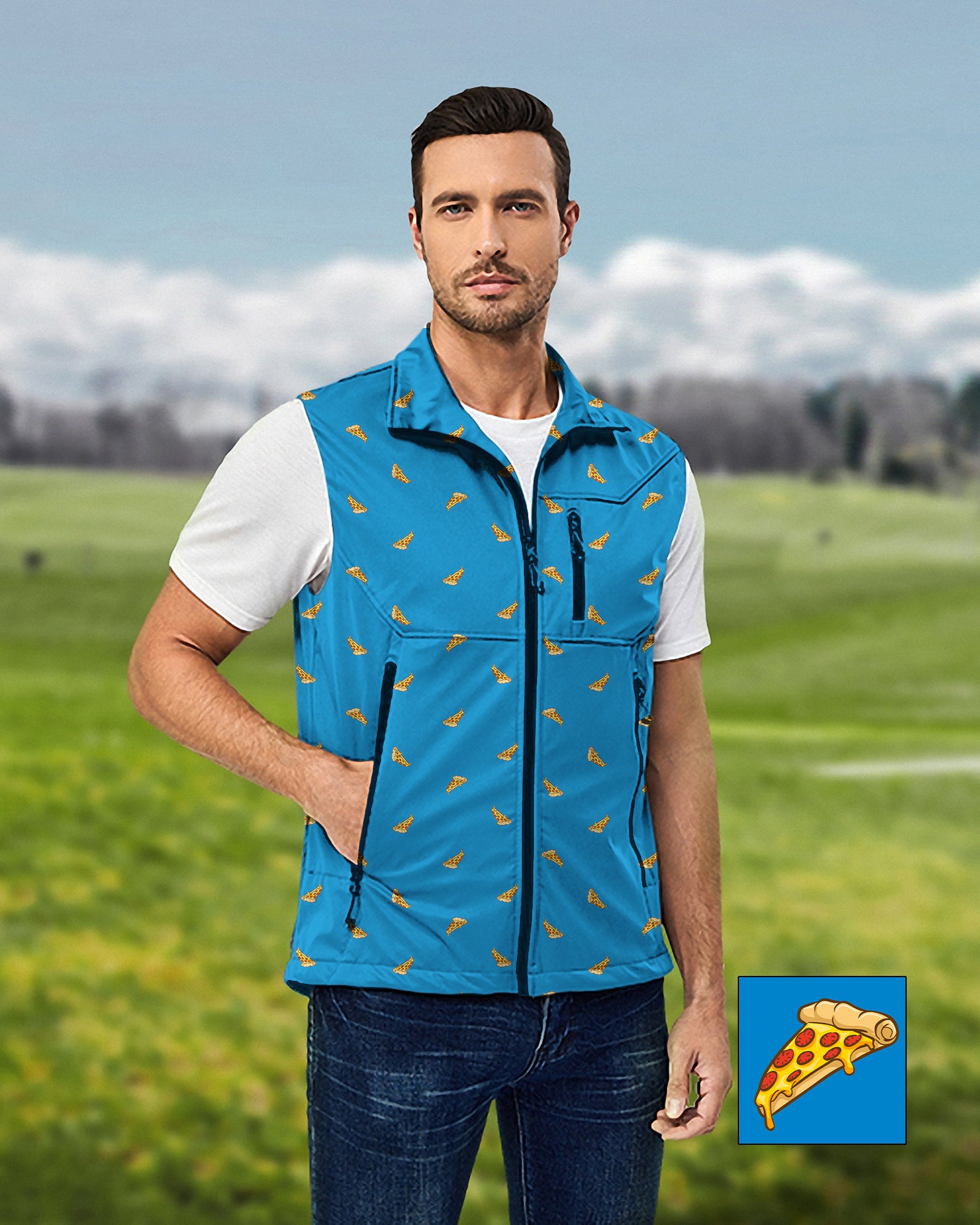 Men's Delicious White Pizza Custom The Background Color Lightweight Softshell Vest Sleeveless Jacket for Golf Windproof Waterproof