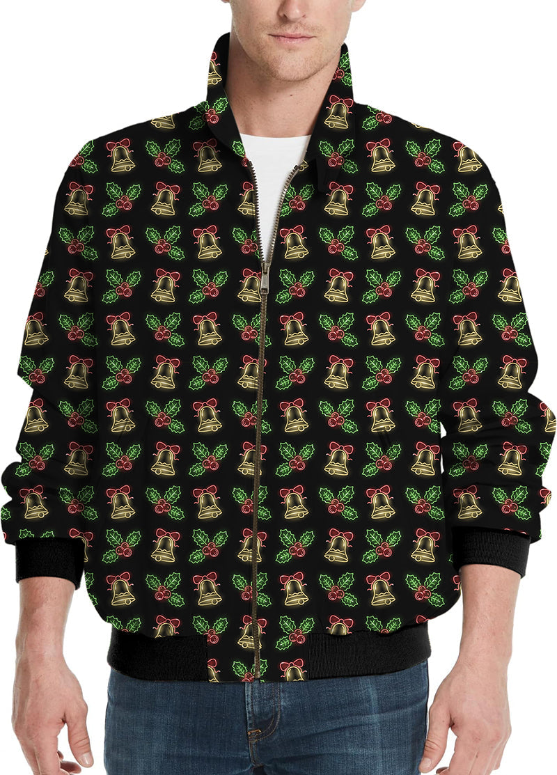 Men's golf windbreaker jacket with Christmas neon lights bell and holly pattern on black background