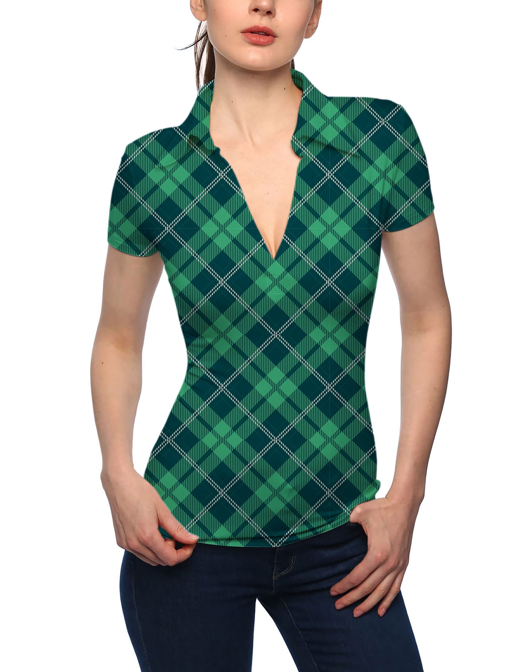 Women's Green grid V Neck Golf Polo