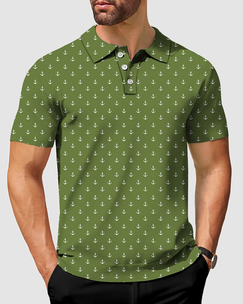 Men's olive green polo shirt with white anchor pattern, moisture-wicking, wrinkle-resistant fabric, and classic fit for business casual look