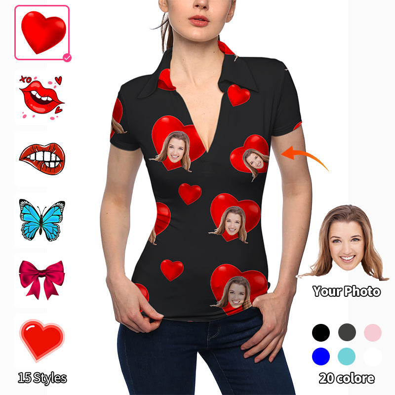 Valentine's Day women's black V-neck golf polo with custom photo and heart design