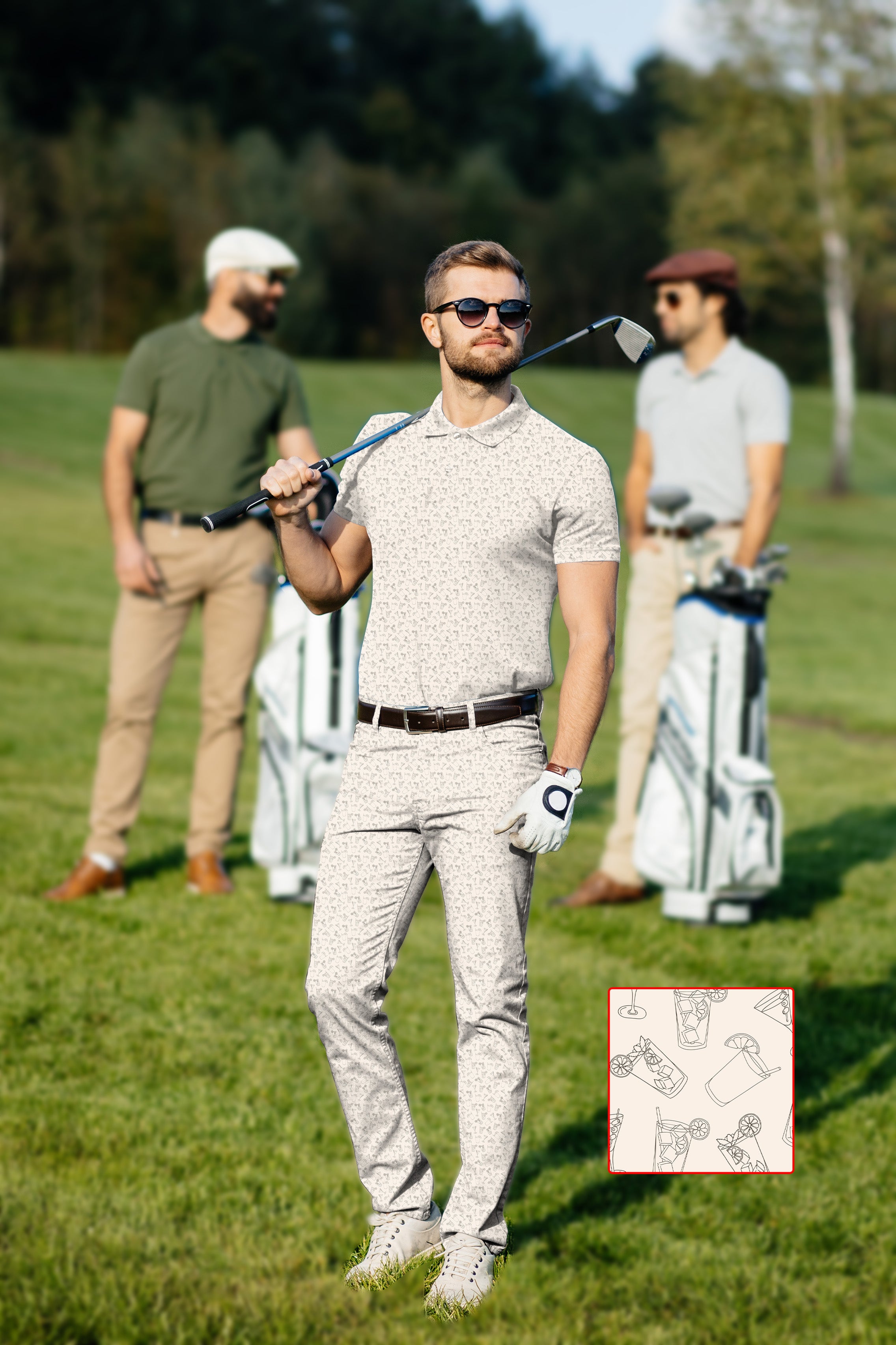 Men's golf set polo and pants beige juice with four-way stretch and wrinkle resistant fabric on golf course