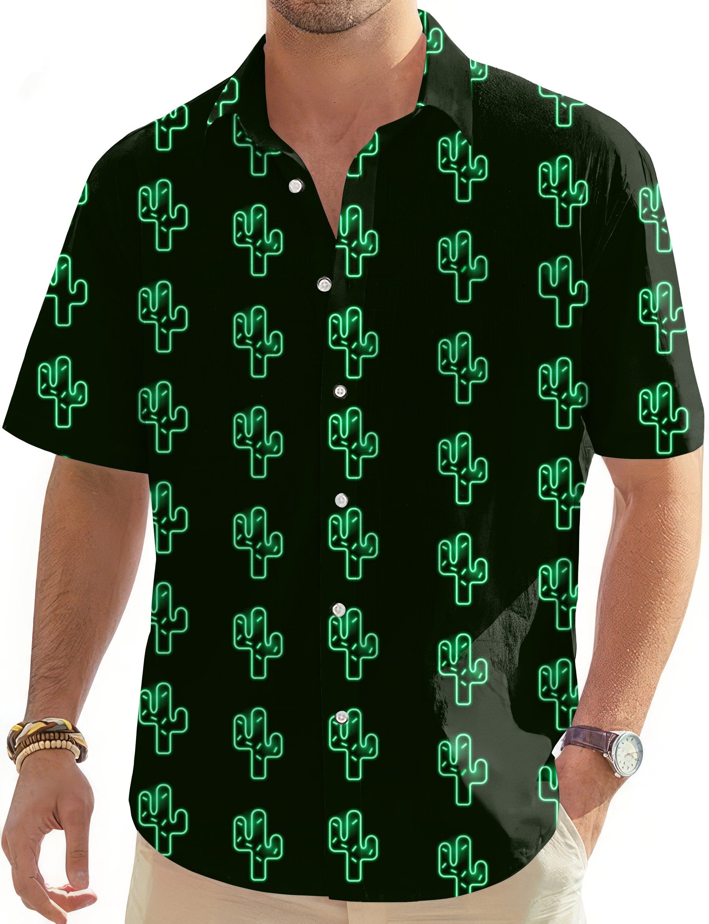 Crazy Cactus-Men's Golf Hawaiian Shirts Button Down Shirt