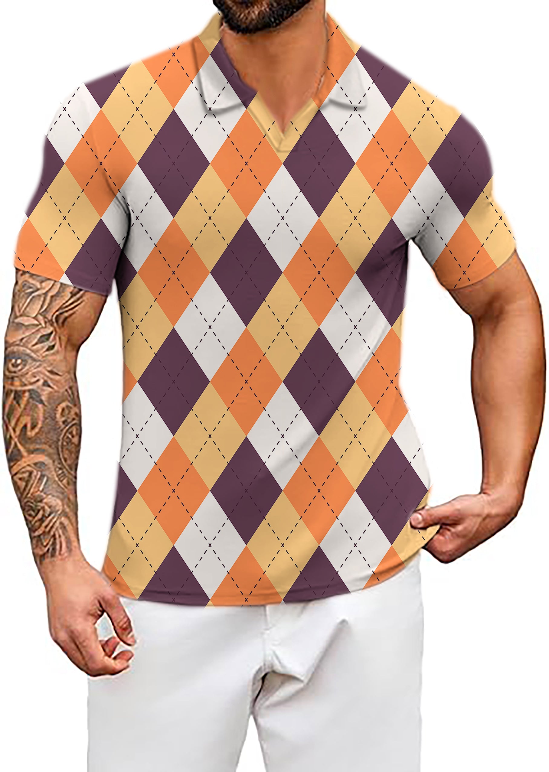Men's Coconut Palm Halloween Orange White Brown Argyle V Neck Golf Polo Shirts