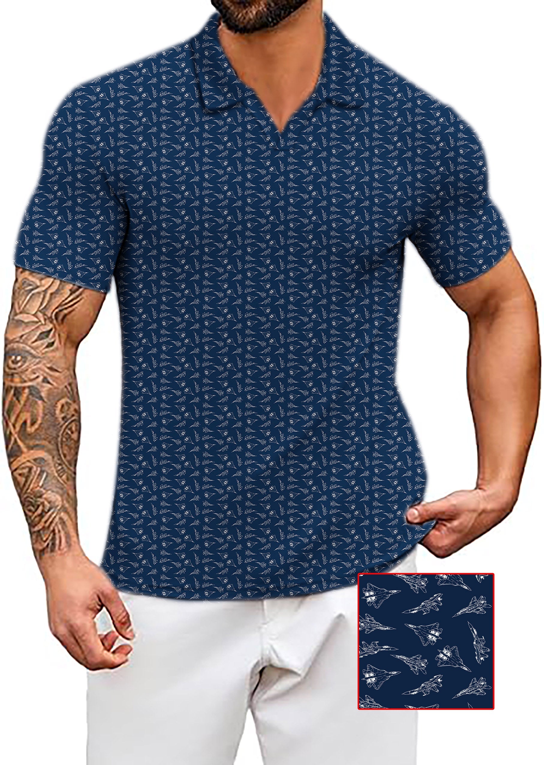 Men's Coconut Palm navy blue ink dots V fighter shirt with four-way stretch and wrinkle resistance