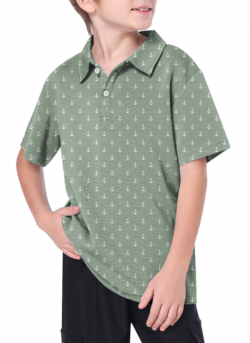 Youth light green anchor golf polo shirt with 4-way stretch and moisture-wicking fabric worn by boy