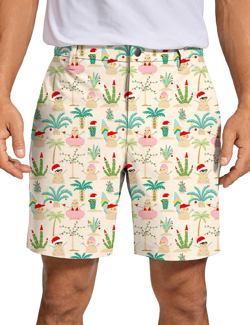 Men's Christmas desert golf shorts with festive desert cactus and Santa hat pattern, quick-dry, lightweight, and stretch fabric.