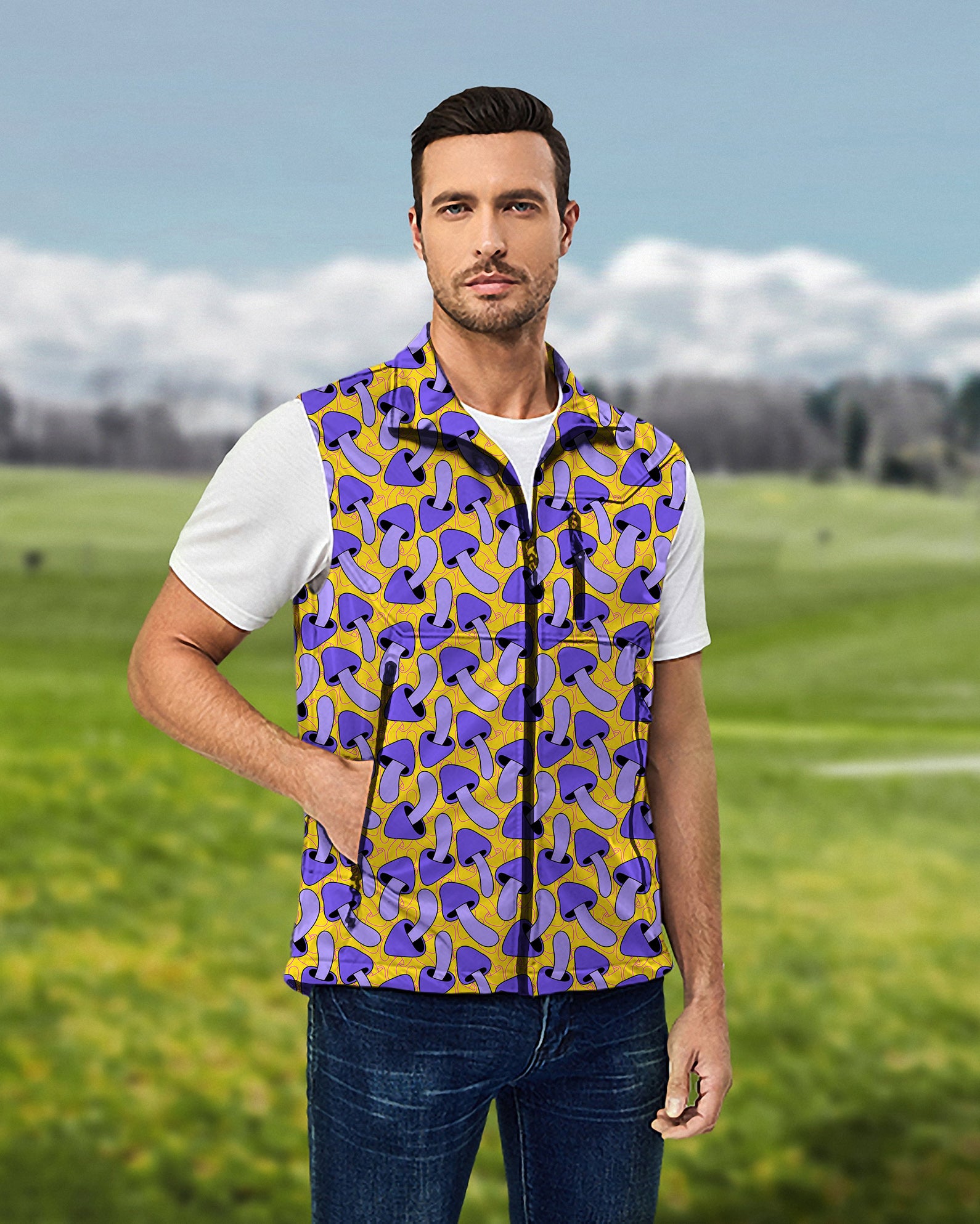 Men's Psychedelic Mushroom Print Lightweight Softshell Vest Sleeveless Jacket for Golf Windproof Waterproof