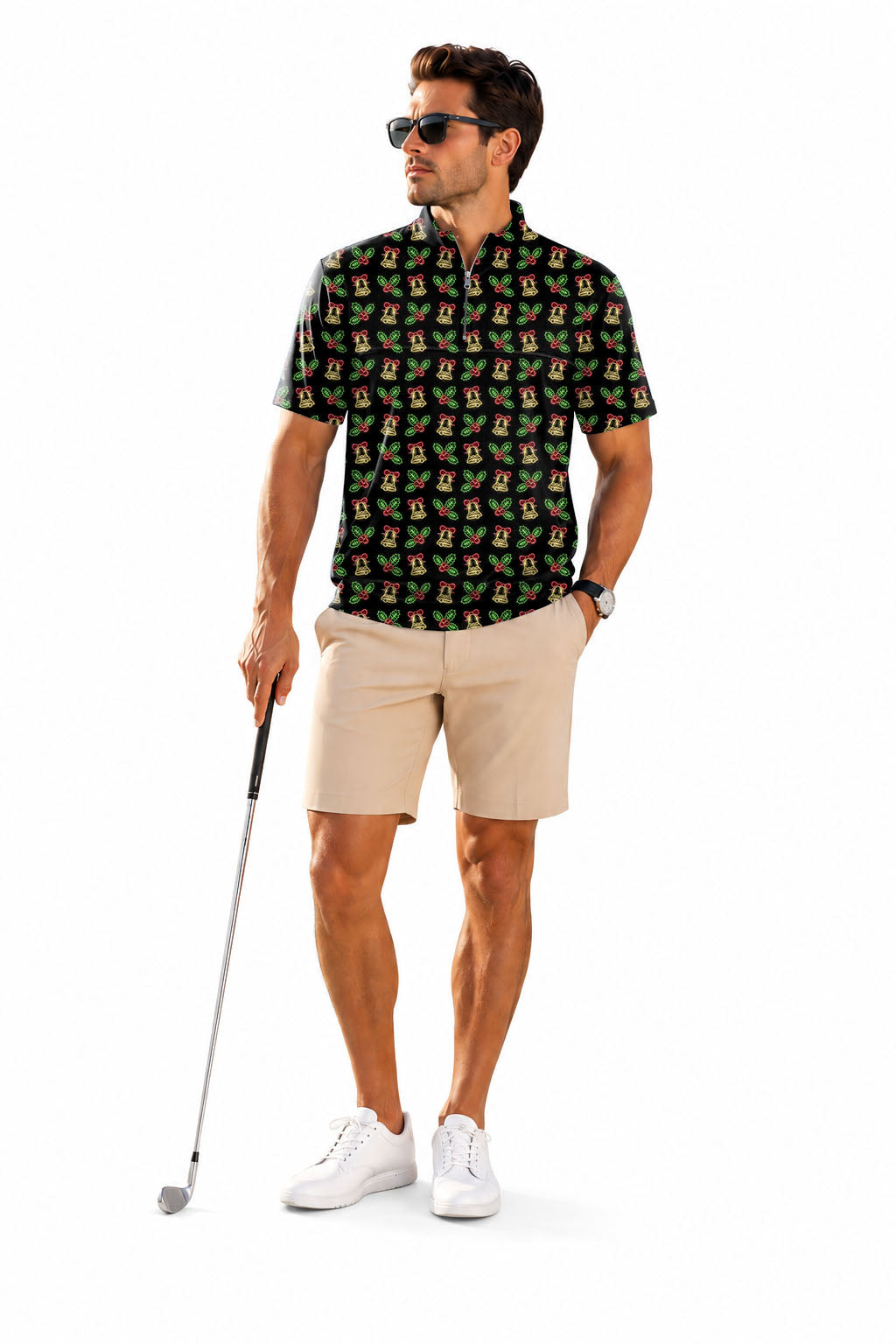 Men's Short Sleeve Quarter Zip Golf Pullover   Christmas neon lights Embroidery