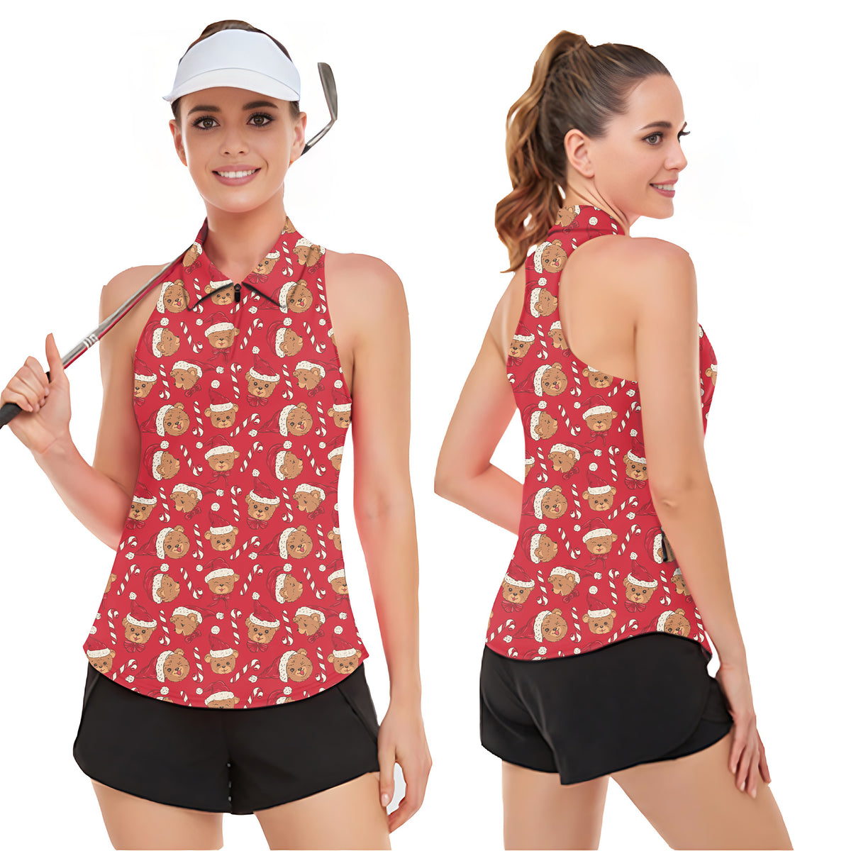 Red Christmas Teddy Bear Women’s Sleeveless Golf Tank Top Shirt Polo
