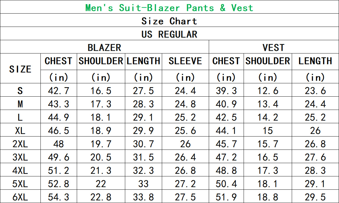 Size chart for men's pale pink flamingo party costume blazer, pants, and vest set
