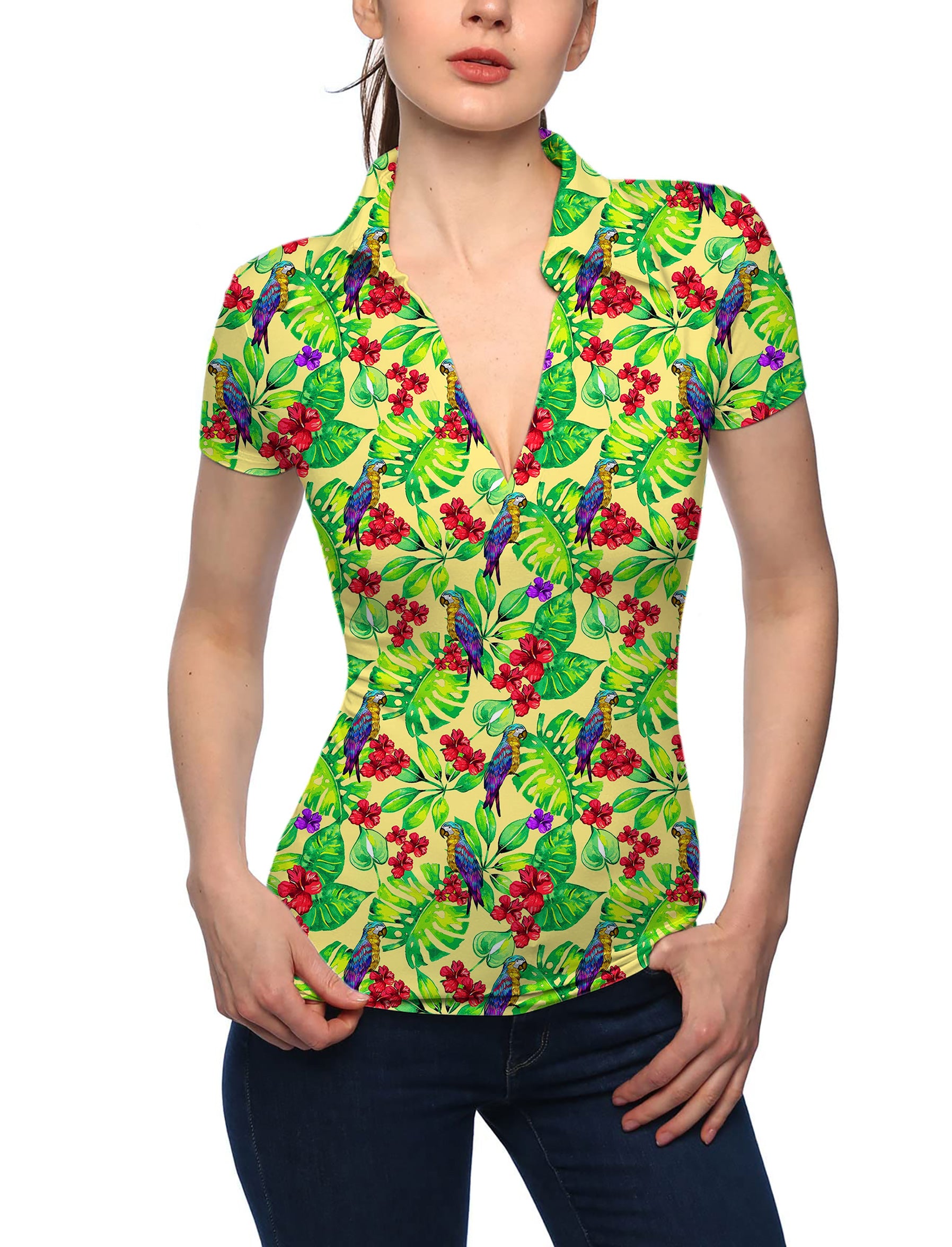 Women's Palm Leaf Toucan V Neck Golf Polo