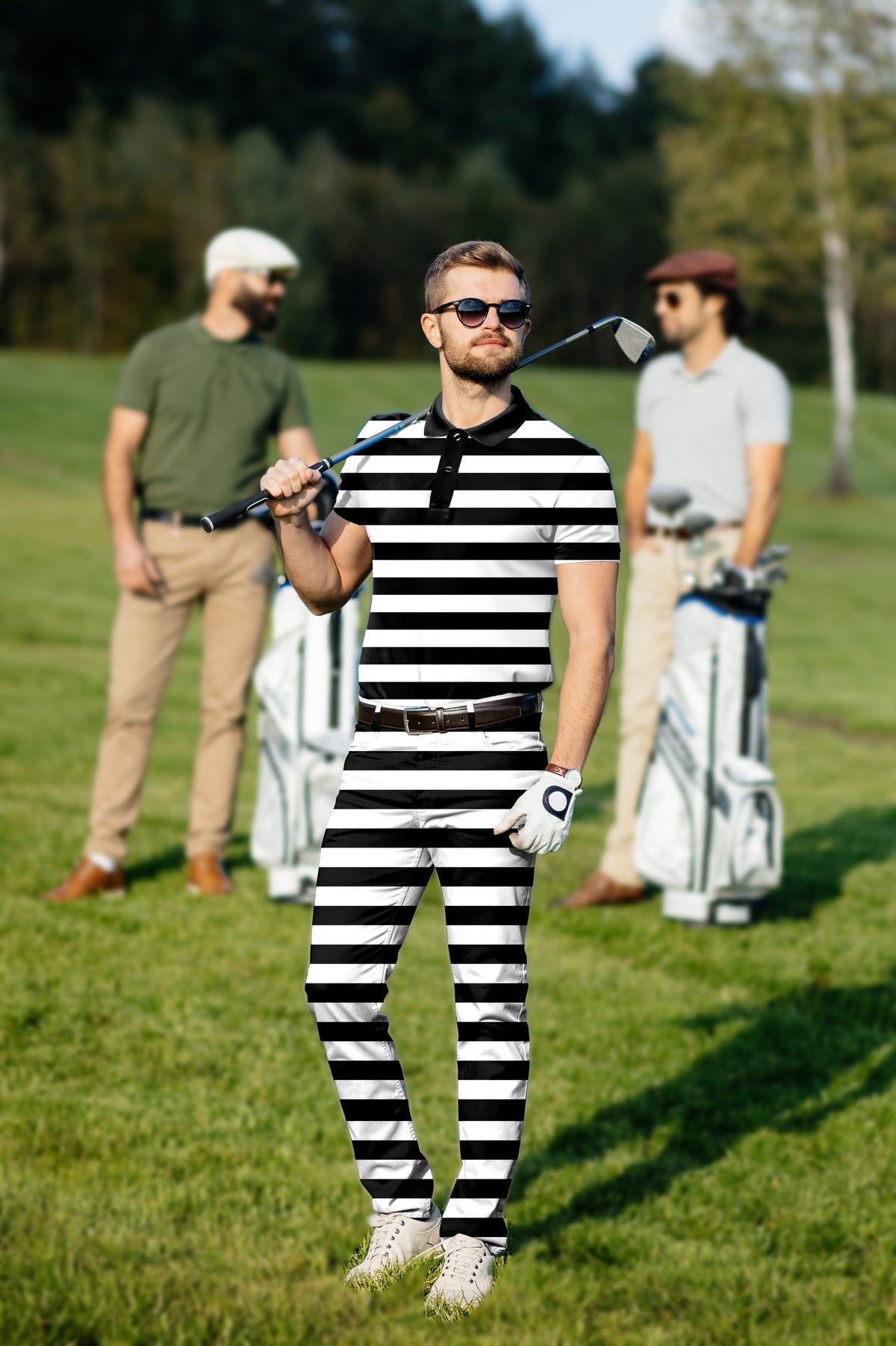 Men's Golf Set Polo+Pants Black and white horizontal stripes
