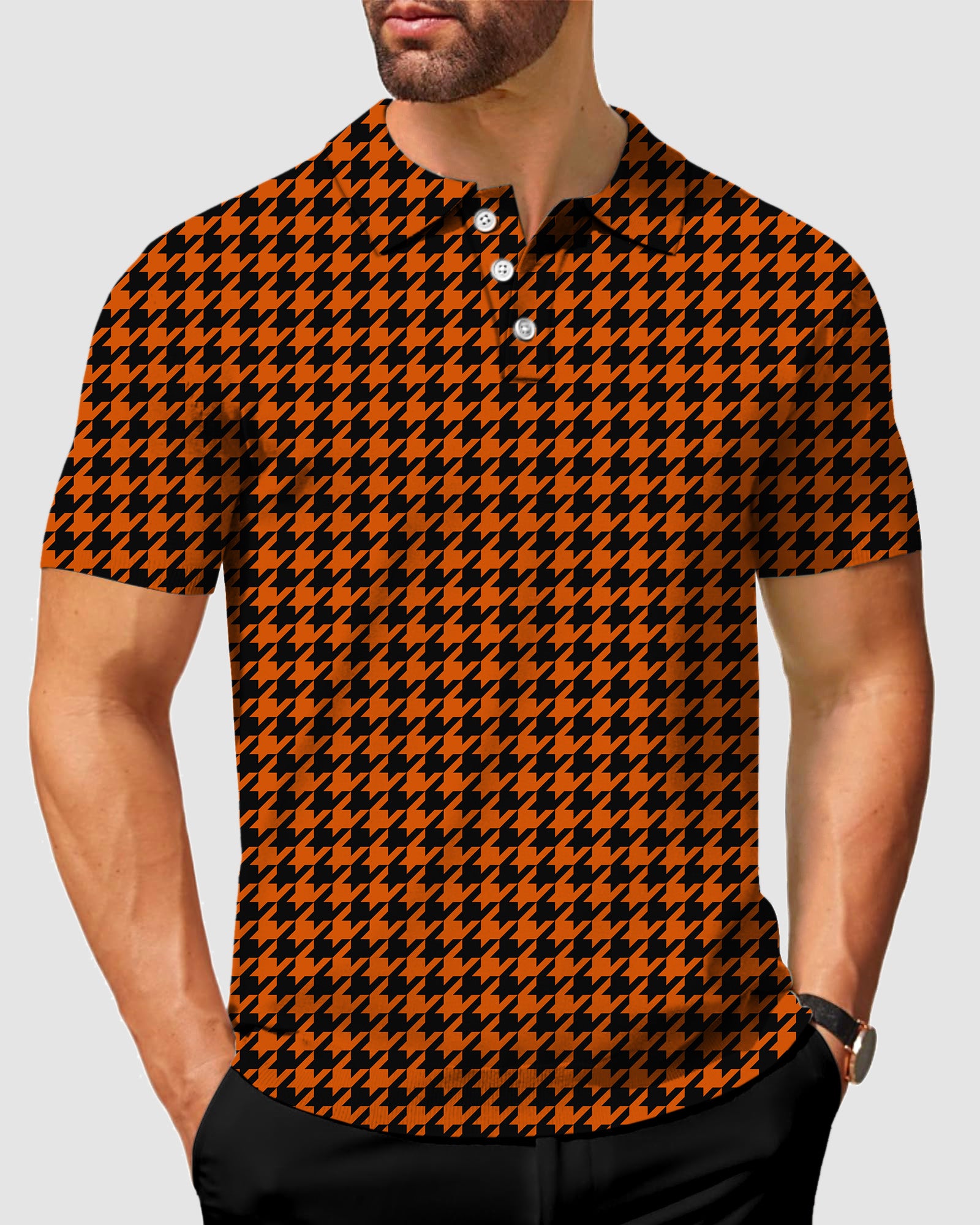 Men's Halloween yellow and black houndstooth Polo