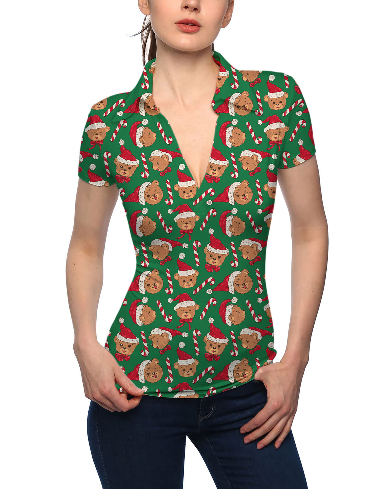 Women's Green Christmas Teddy Bear V Neck Golf Polo