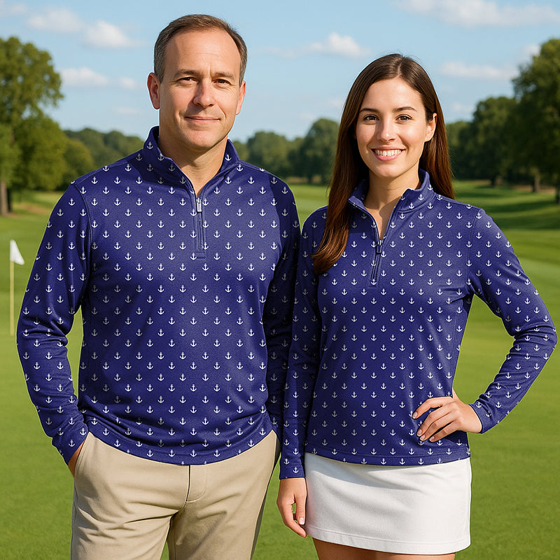 Royal Anchor Couple Golf active 3/4 zip tops with long sleeves, featherlight fabric, and anchor pattern.