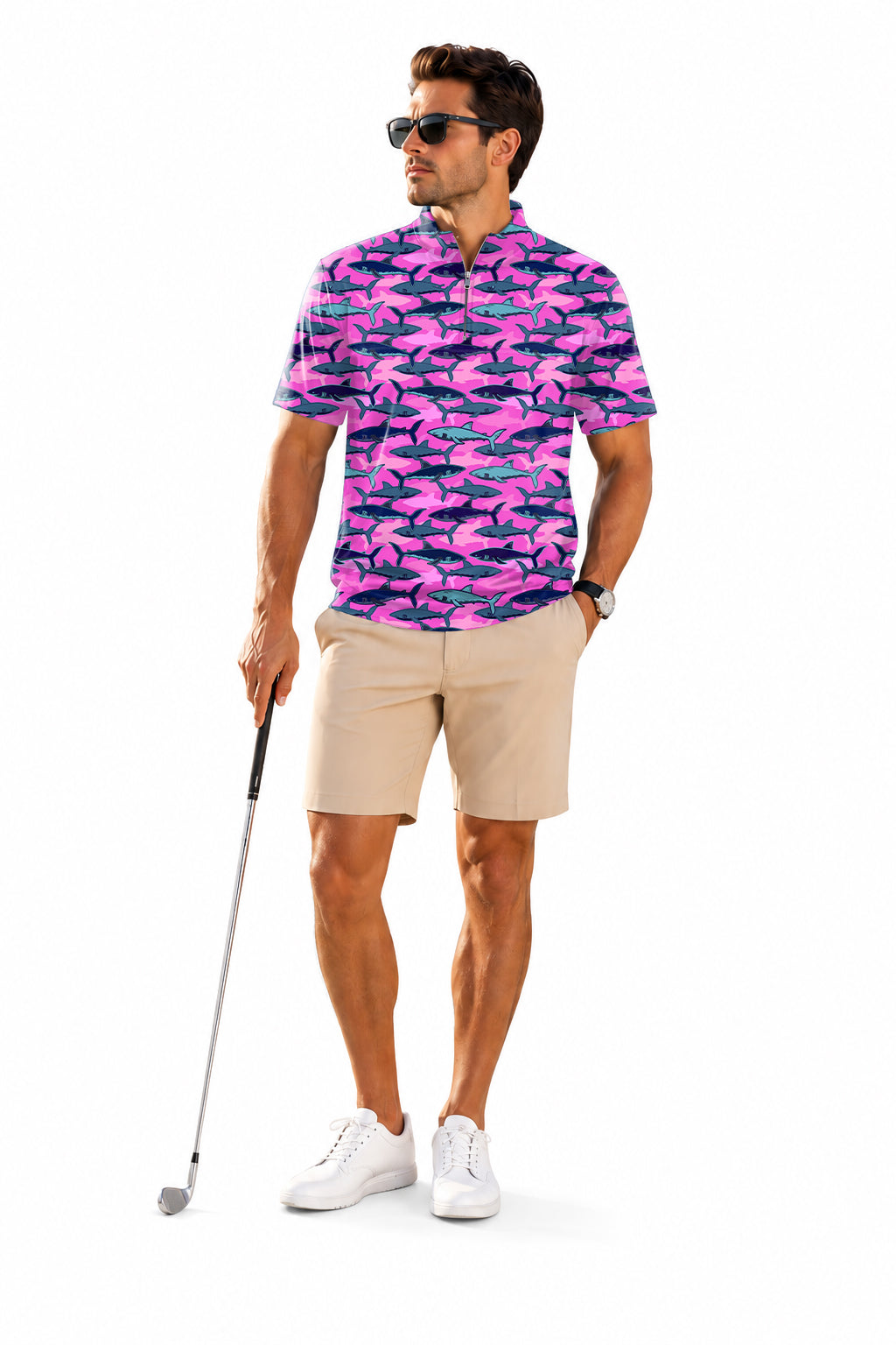 Men's Short Sleeve Quarter Zip Golf Pullover   Electric Sharks Pink Embroidery