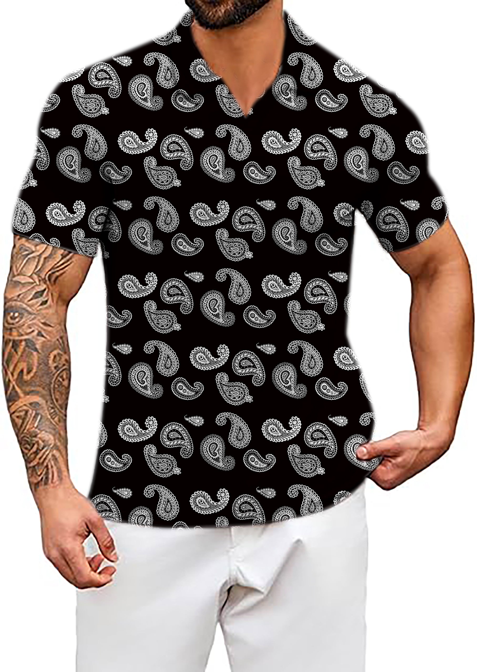 Men's Black Bandana V Neck Golf Polo Shirts