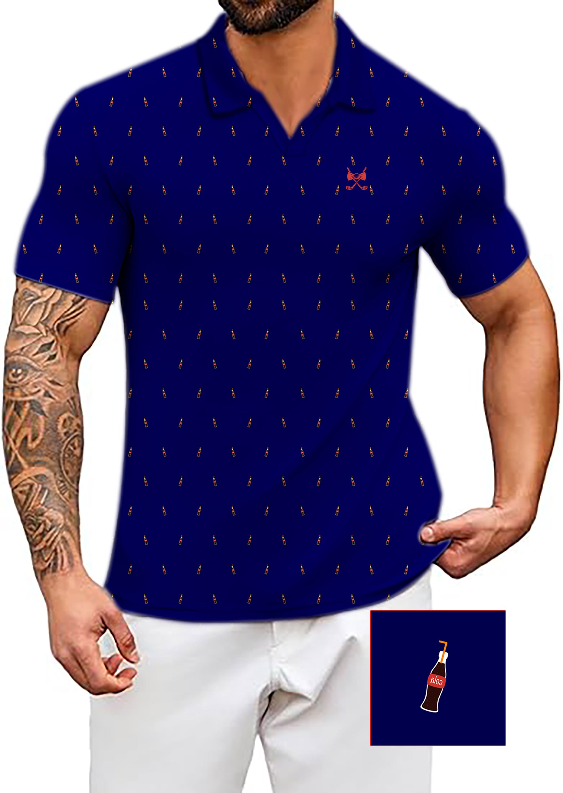 Men's Navy Cola Glass Bottle V Neck Golf Polo Shirts