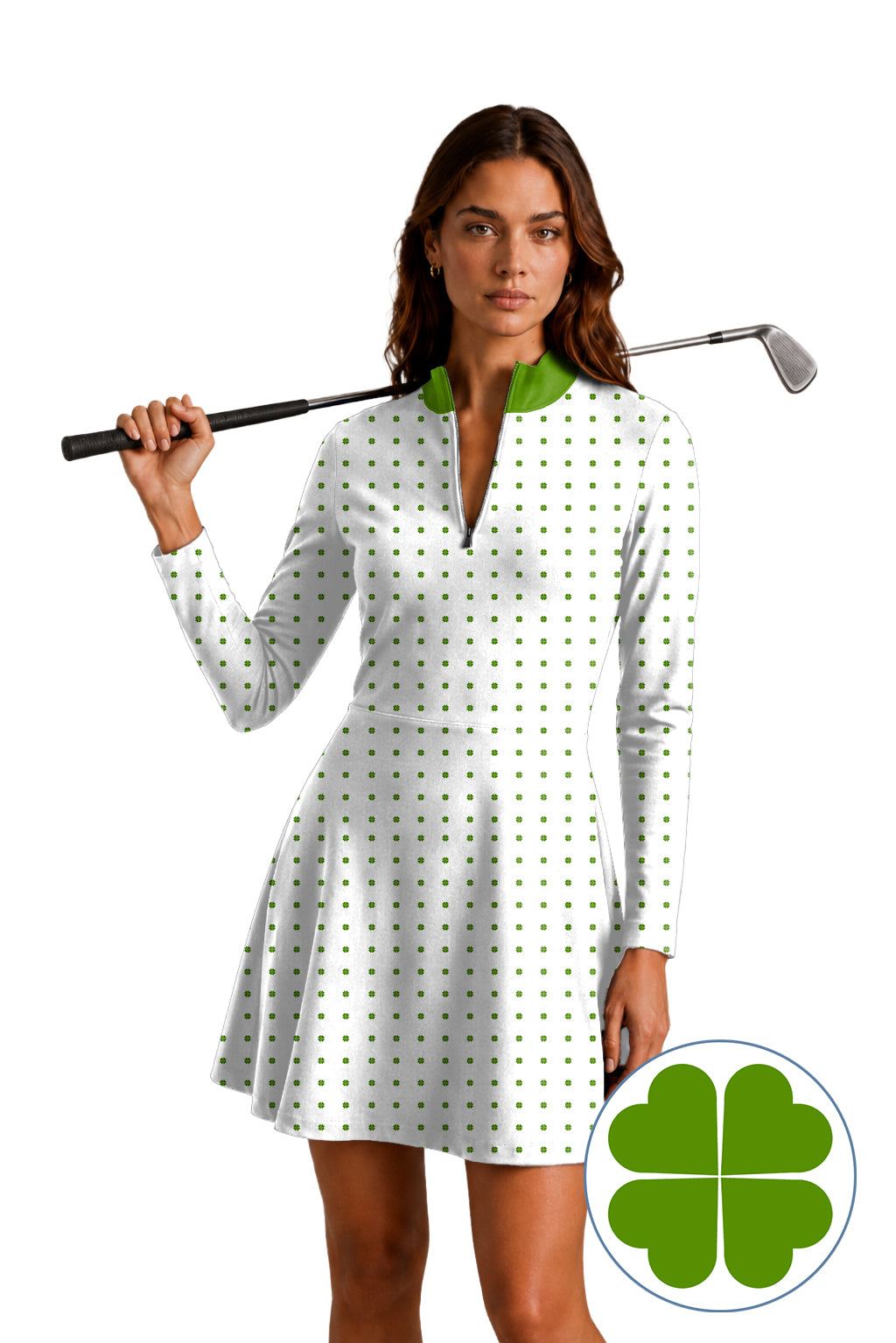 Lucky Four-Leaf Clover Women's Golf Long Sleeve Zipper Dresses Comes with separate matching shorts