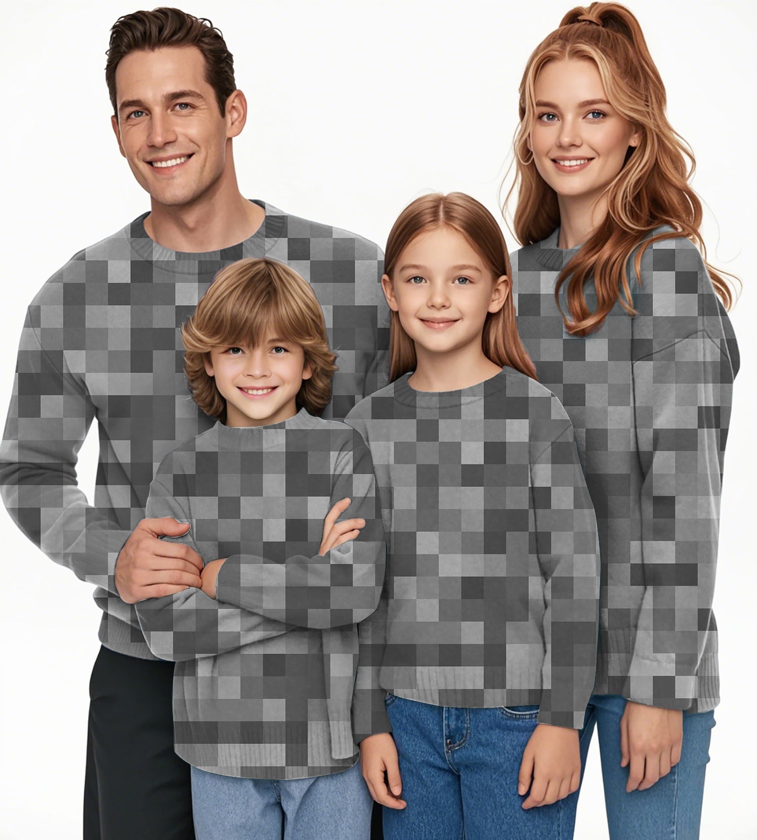 Grey Pixel Big Crewneck Pullover Ugly Sweater Men Women boy girl family