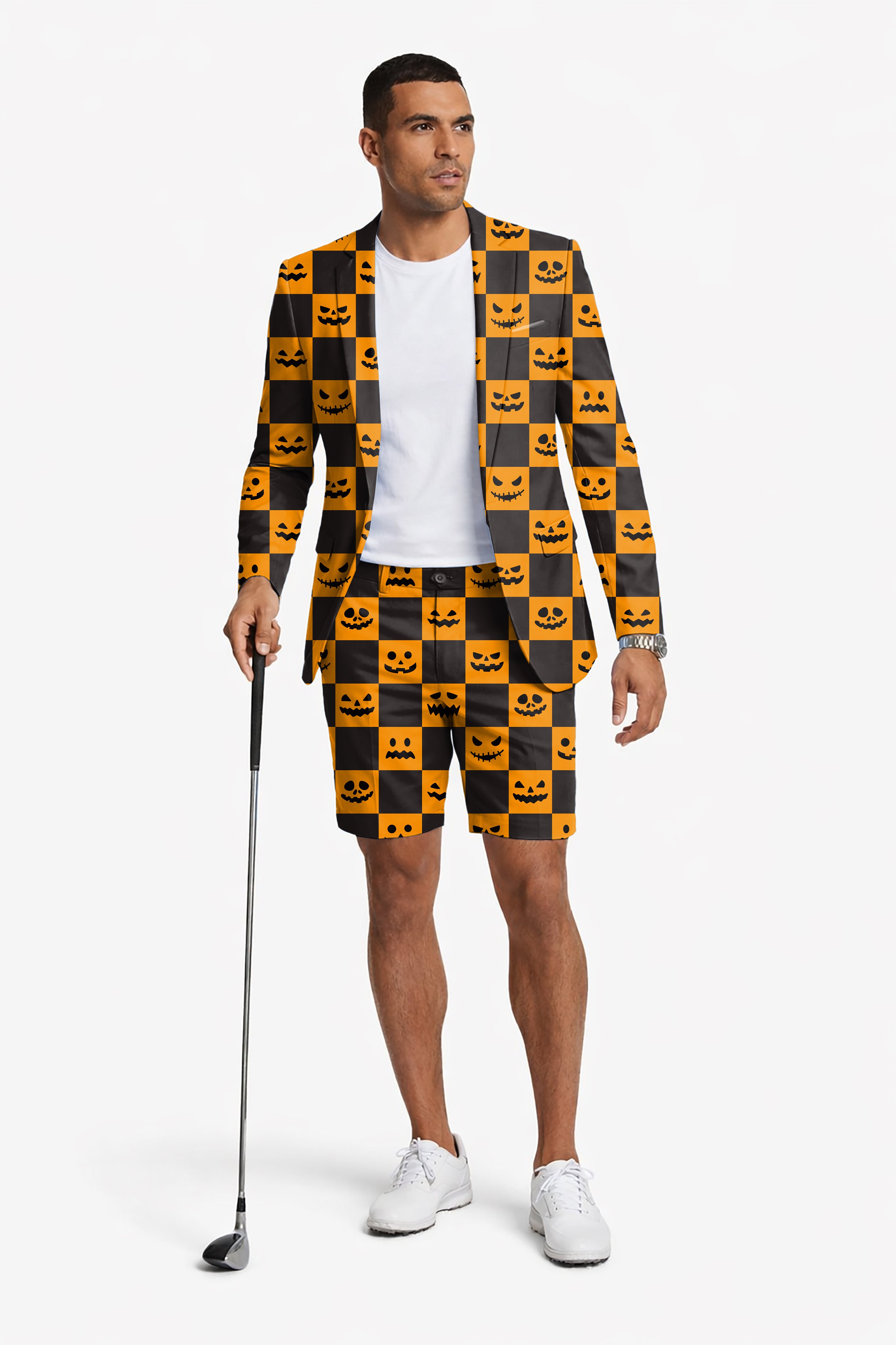 Halloween black and yellow checkerboard pumpkin Men's Party Costumes-Theme Party 2pcs Suit set-Blazer Shorts