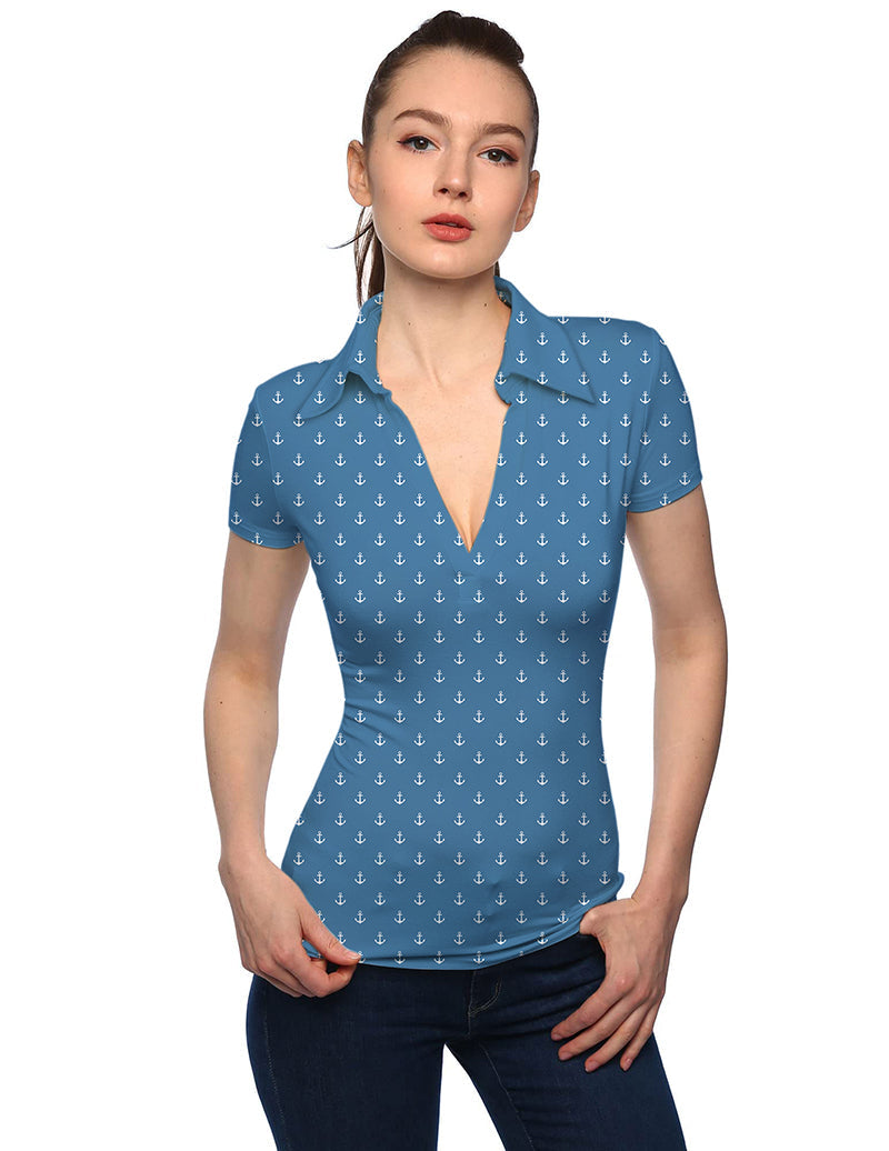 Women's sea blue anchor print V-neck golf polo shirt with stand collar and short sleeves
