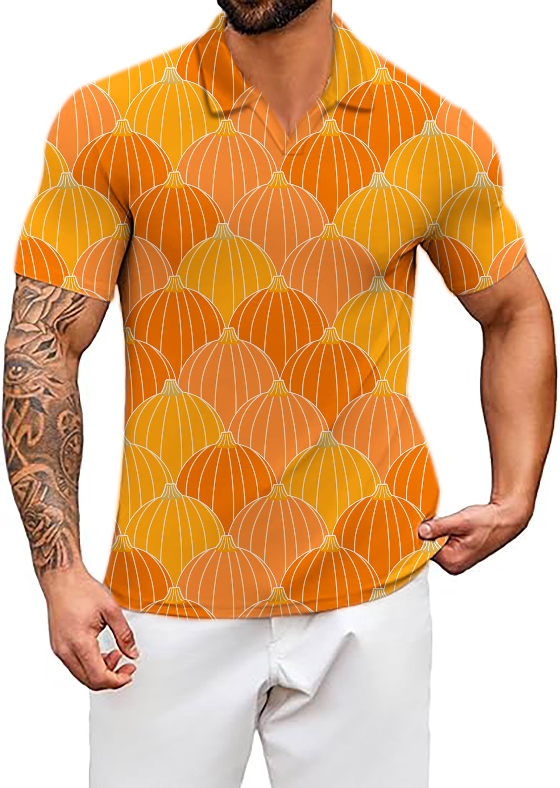 Men's Coconut Palm Halloween Thanksgiving Pumpkin Bones V Neck Golf Polo Shirts