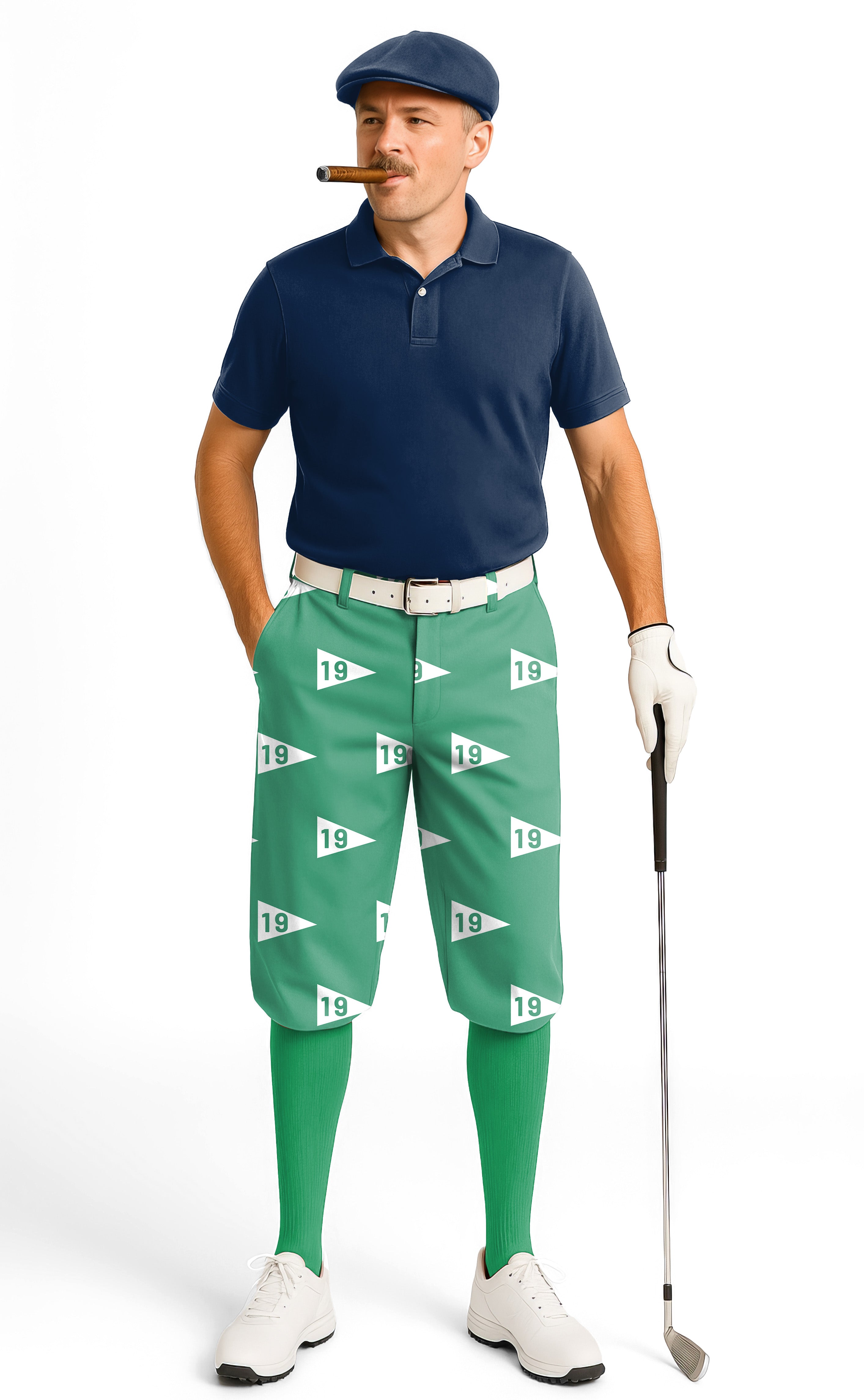 Man wearing 19th hole-38 men's golf knickers with ankle cuffs and golf glove holding a club
