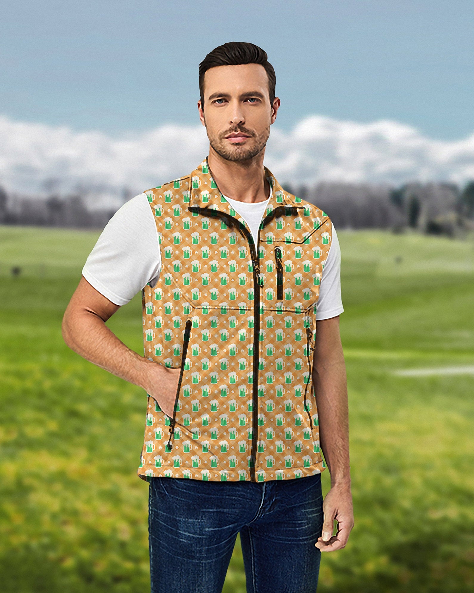 Men's Green beer and clover leaf St. Patrick's Day Lightweight Softshell Vest Sleeveless Jacket for Golf Windproof Waterproof