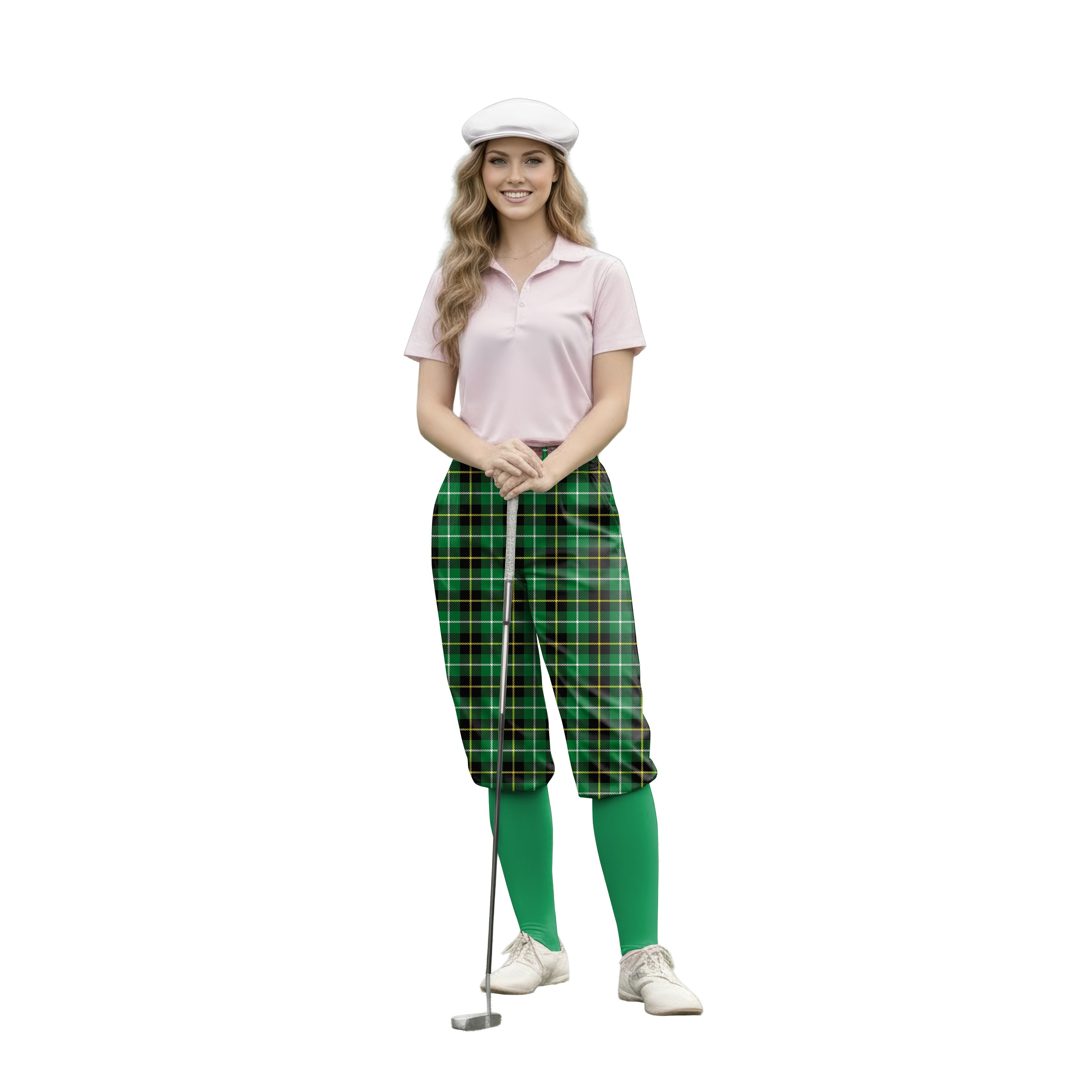 Woman wearing green grid womens golf knickers with pink polo and white cap holding golf club