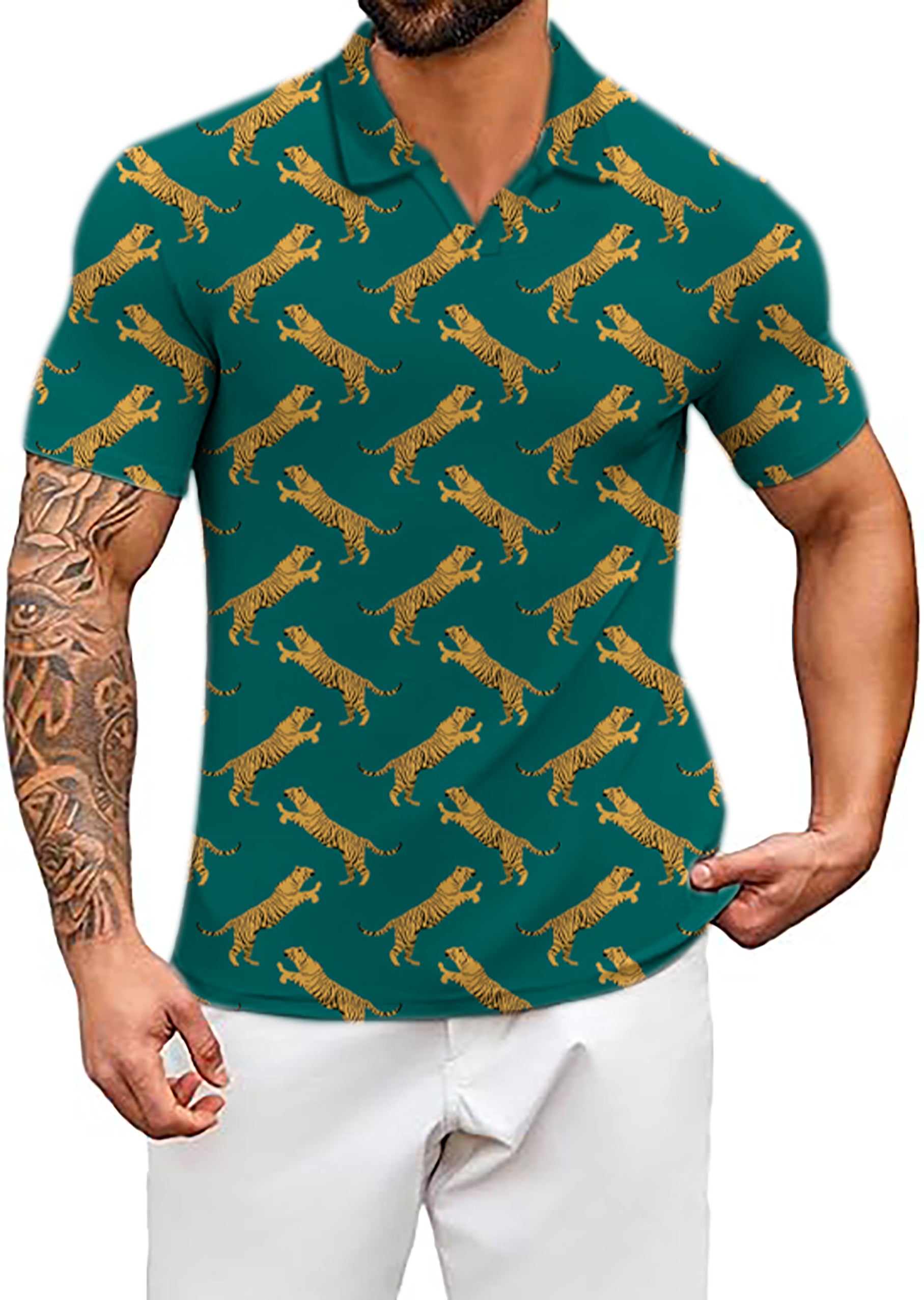 Men's green tiger V Neck Golf Polo Shirts
