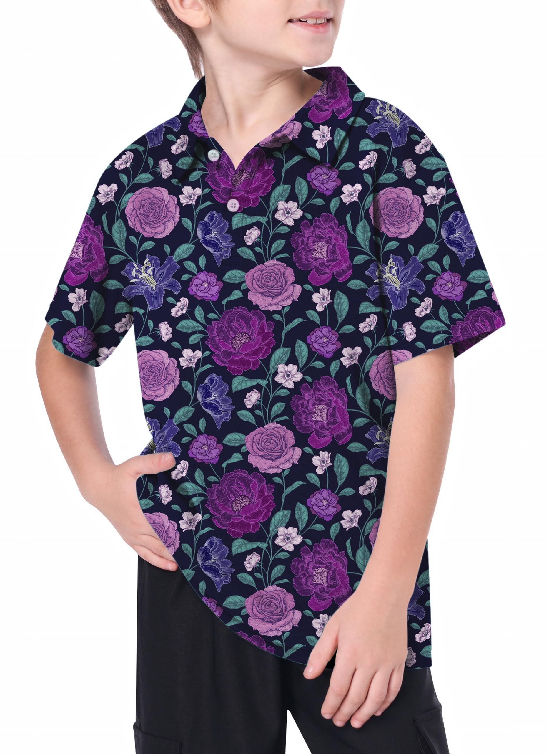 Youth Purple Floral Golf Polo